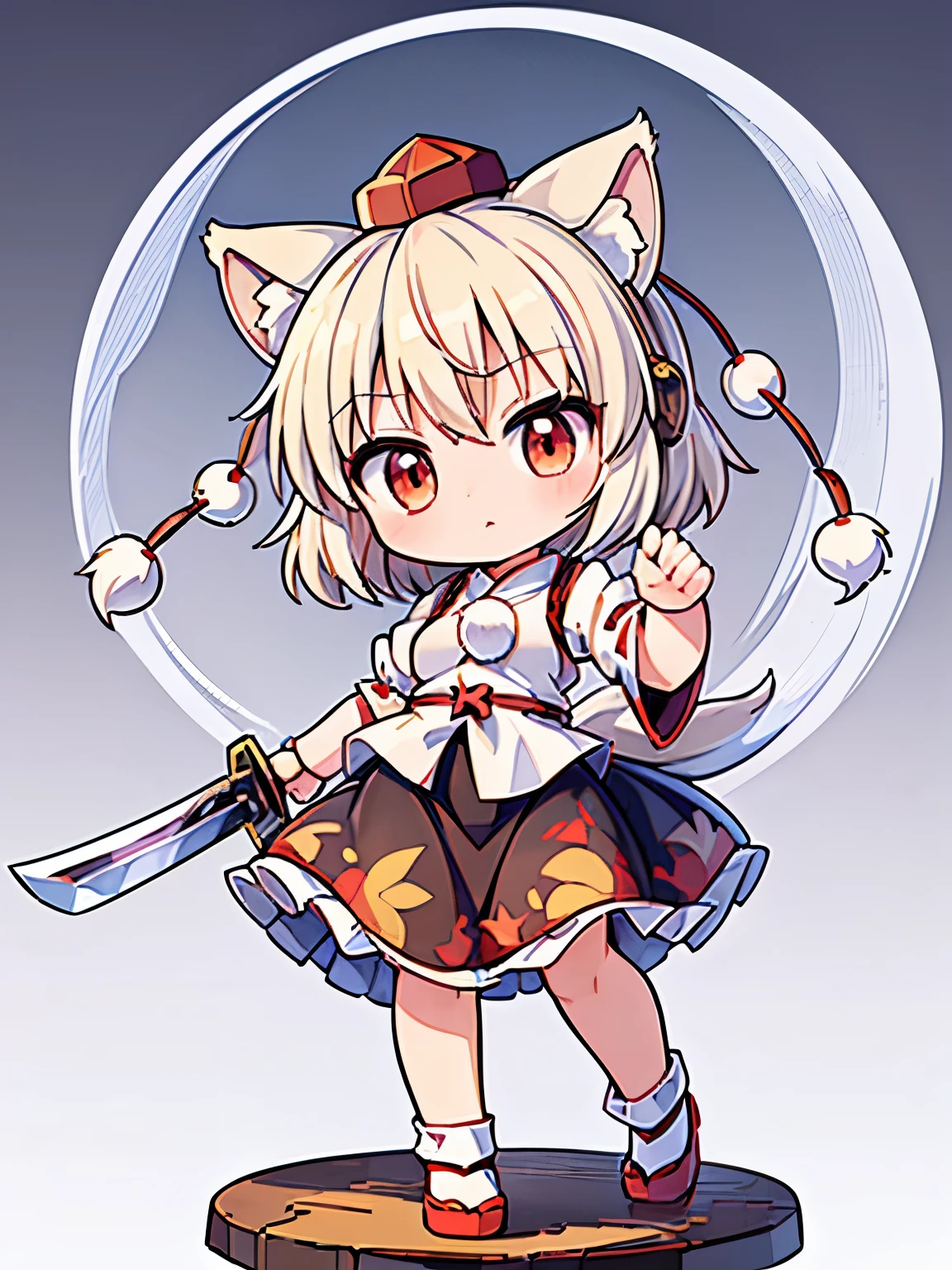 (((masterpiece))), (((best quality))), ((ultra-detailed)), (8K), anime style, (1girl）,(((Momiji inubashiri))),(((touhou project))),white wolf tail,white extra short hair, white wolf ear ,holding gigantic sword,(((Deformed, super deformed))), (chibi), cute,
