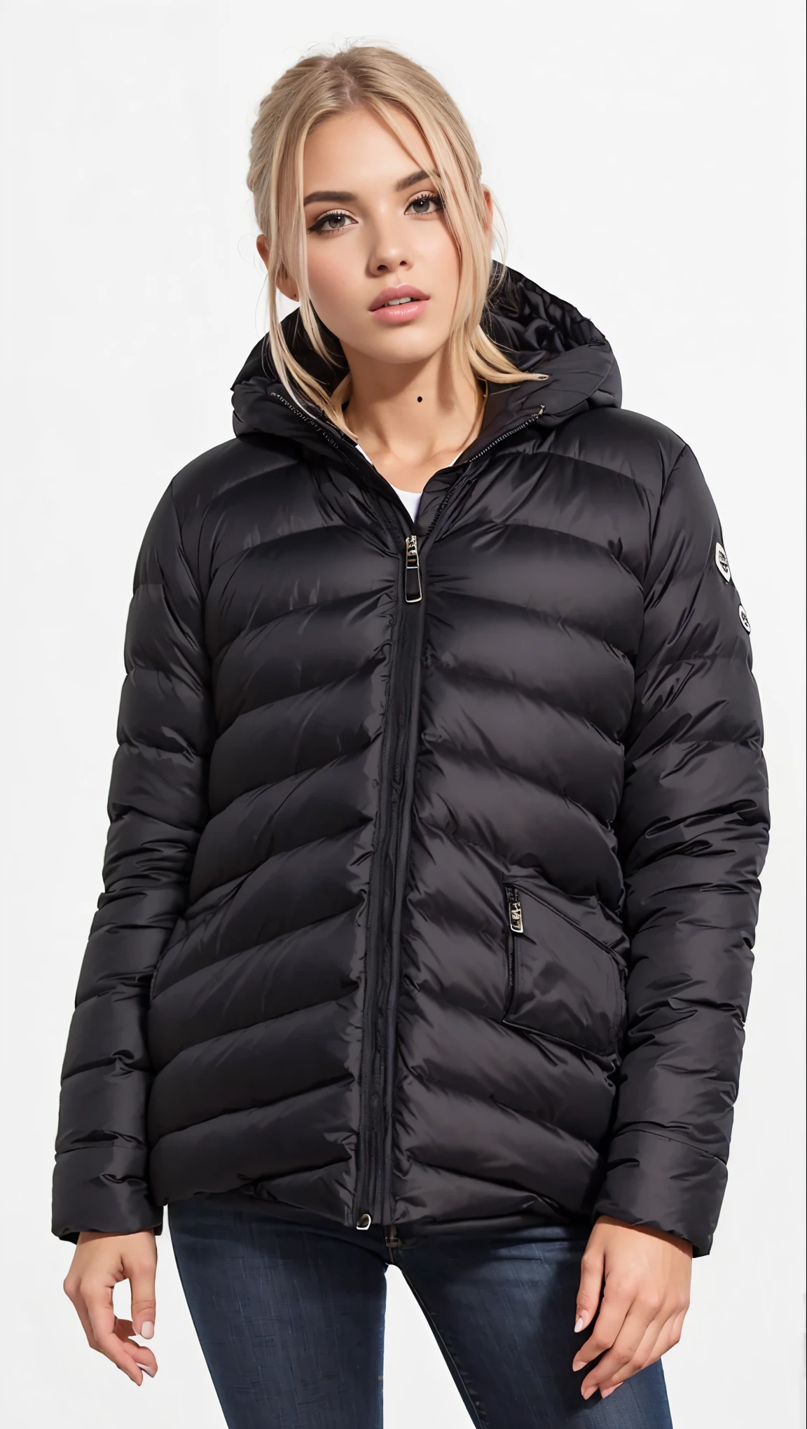 a woman wearing a preto puffy jaqueta and jeans, model wears a puffer jaqueta, puffer jaqueta, encapuzado, jaqueta, preto jaqueta, long preto jaqueta, jet preto tuffle casaco, Easy, Delicioso, deep preto, basic, suki, preto jaqueta | brilhante, casaco, f / 2 0, preto casaco, preto, h 9 6 0, tuffle casaco