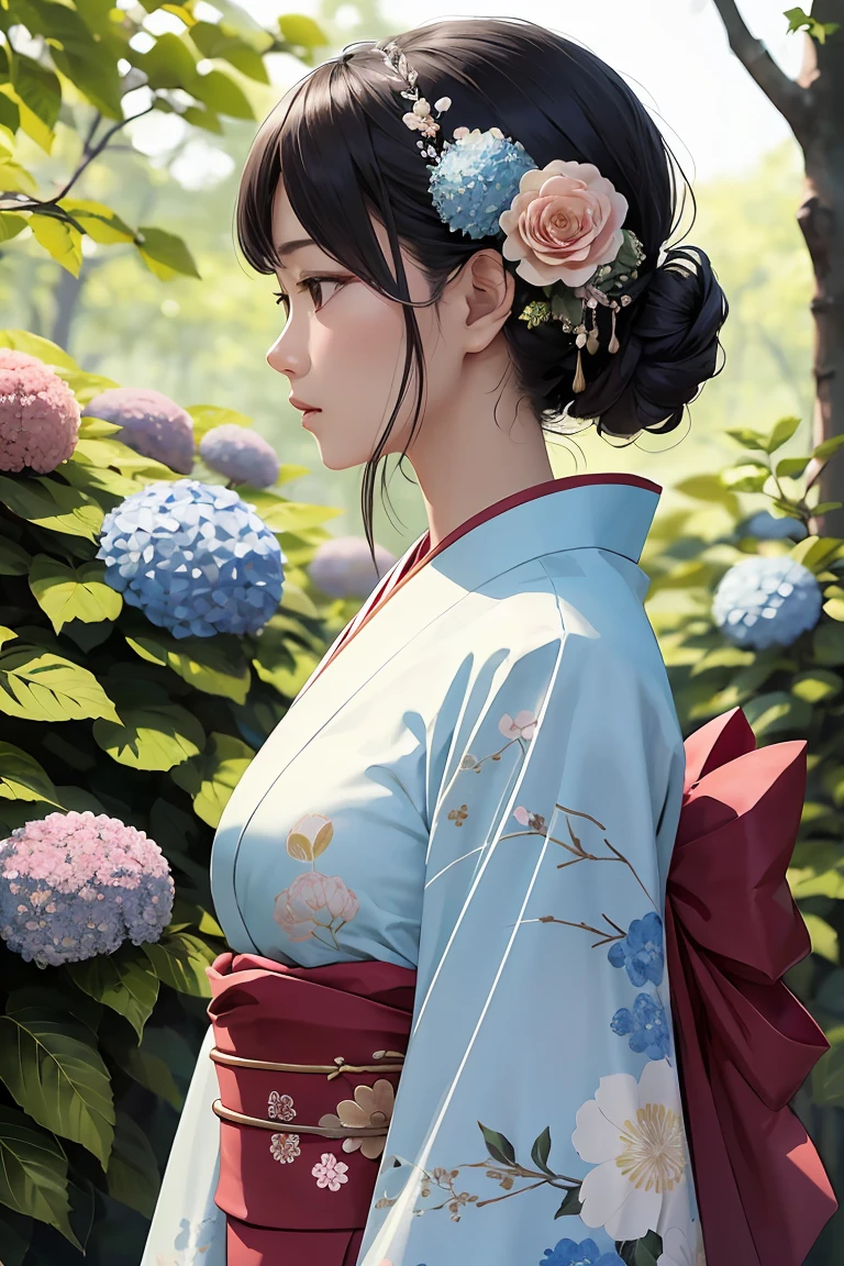 masterpiece ,highest quality, delicateな髪の美しい女性, Flowers, forest, June,Hydrangea,profile,Fleeting,beauty,delicate,Cinematic,Japanese women,profile,mature,Shiny woman,Downward Angle,masterpiece ,highest quality, delicateな髪の美しい女性, Flowers, forest, 咲き誇るHydrangea,profile,Fleeting,beauty,delicate,Cinematic,Japanese women,profile,mature,Shiny woman,downward profile,light blue floral kimono,,Genuine,White flower hair ornament kimono,