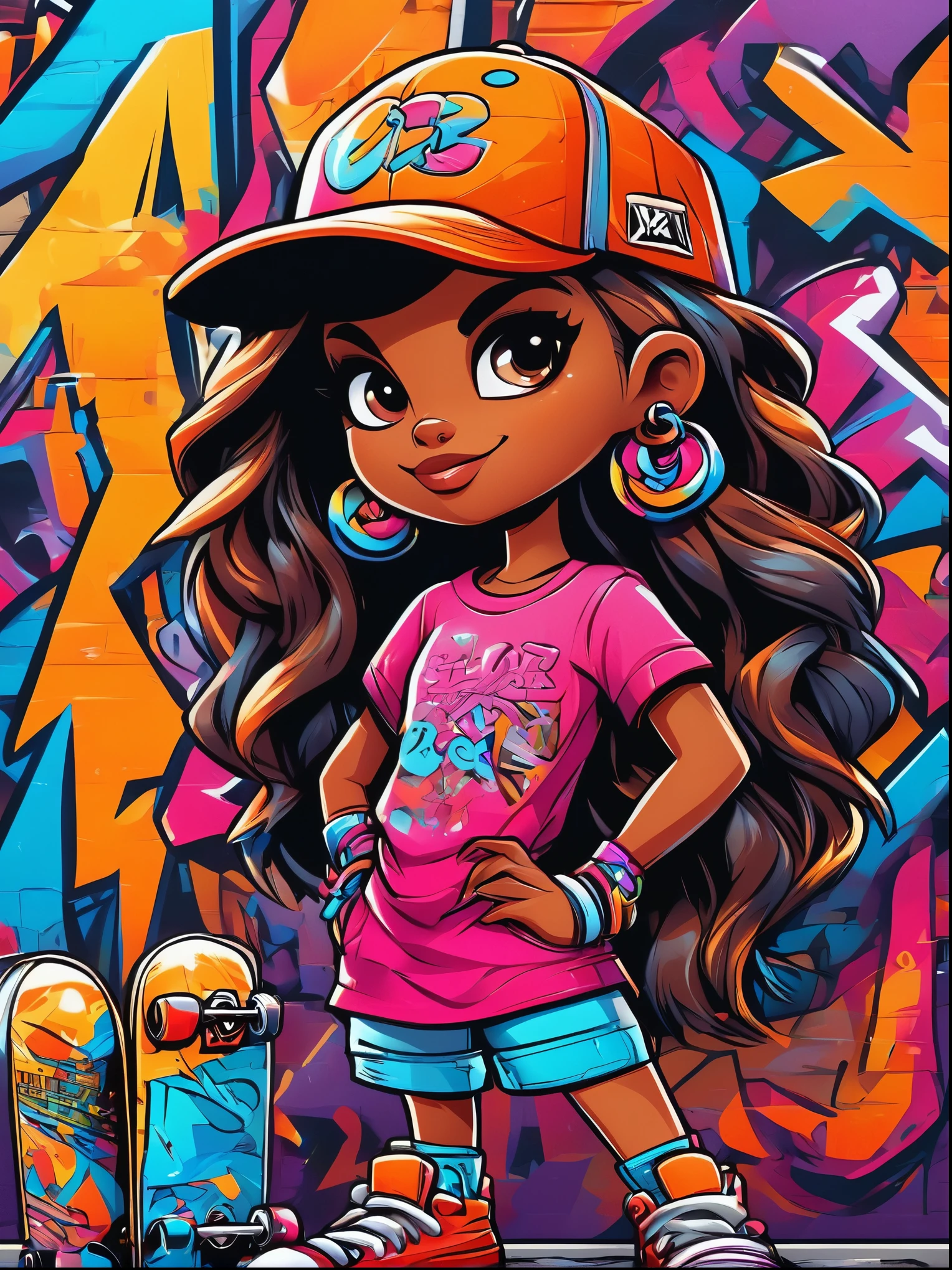 (Cartoon doodle style:1.2), Vector illustration,1girl, solo, Hip Hop Hats and Streetwear,cleanface,90s cartoon style illustration,Highly detailed character designs,Lovely and detailed digital art,City Girls Fan Art,portrait character design,Beautiful digital illustration, High quality portrait,Comic Art,Anatomically correct, Textured Skin, Standing in front of a graffiti style background,Adds whimsy to the scene, 1xhsn1
