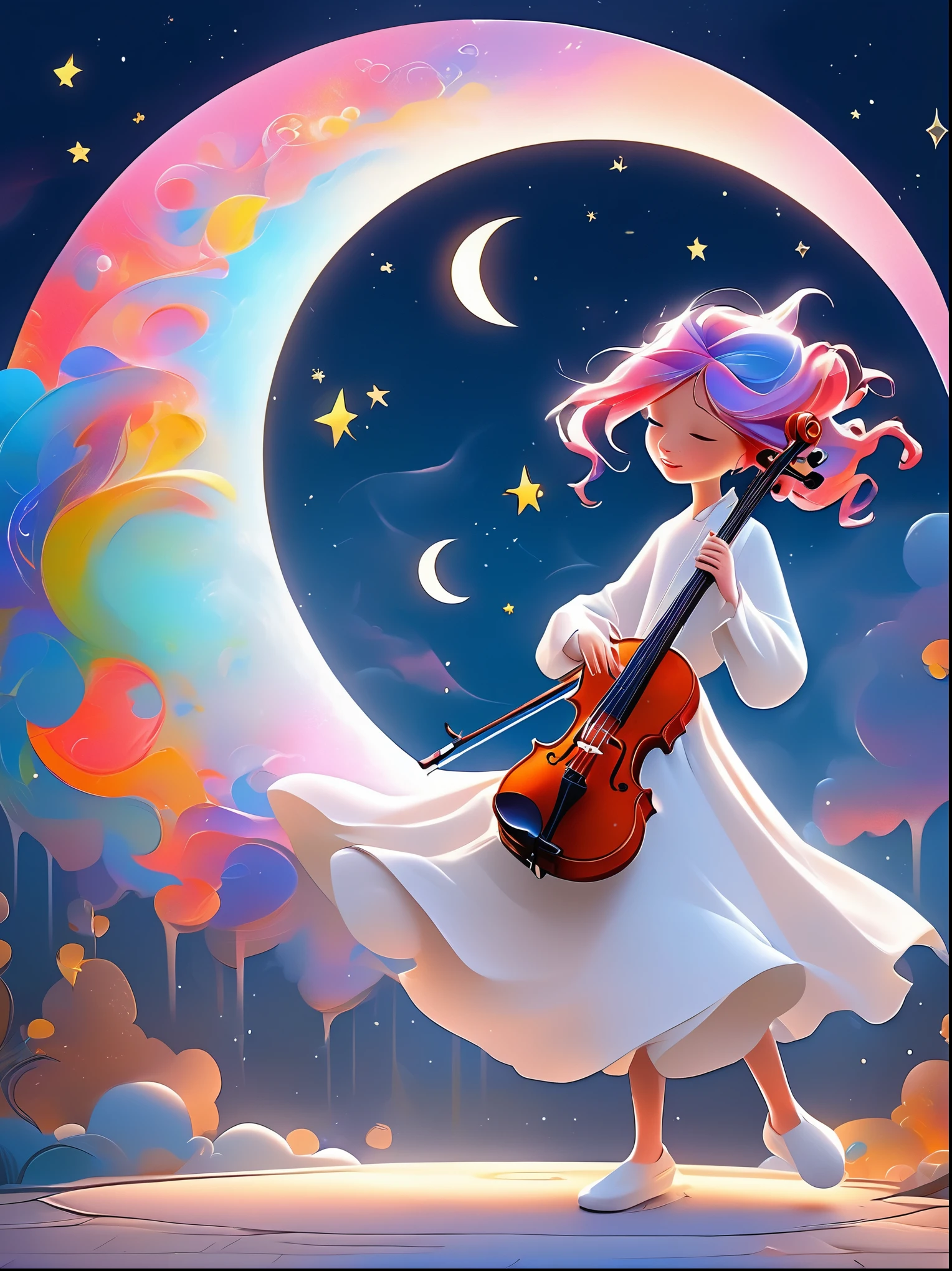 A cartoon doodle character，Vector illustration，1girl, solo, Has brightly colored hair，Girl dancing gracefully in white robe，In a surreal and dreamy sky，She stood on a crescent moon，Keeping balance while playing the violin，Rendering composition showing melting elements，The elements appear to drip and deform smoothly.。Using a digital style should capture the scene，As seen through long exposure techniques，Create a sense of continuous movement and change，The scene is mysterious and ethereal，The soft moonlight fills the surroundings，Rendered with soft brushstrokes，Exude a sense of whimsy and enchantment in this moonlight fantasy, Anatomically correct, Textured Skin, Standing in front of a graffiti style background，Adds whimsy to the scene, 1xhsn1