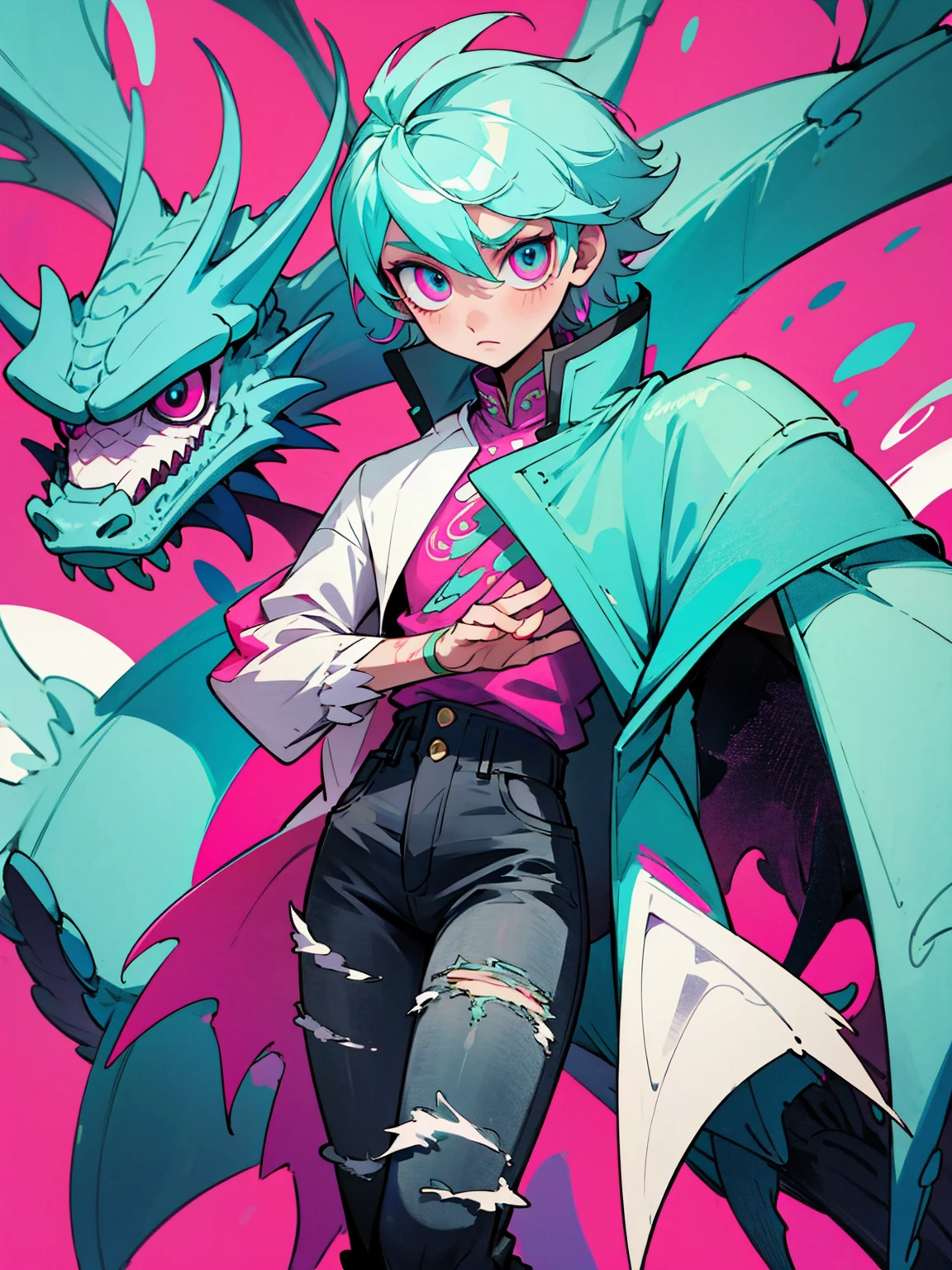 Dragon boy_ white scales with turquoise and pink details_detailed eyes_wearing a stylish coat with abstract details_ ripped black jeans.