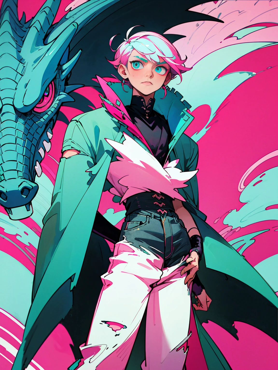 Dragon boy_ white scales with turquoise and pink details_detailed eyes_wearing a stylish coat with abstract details_ ripped black jeans.
