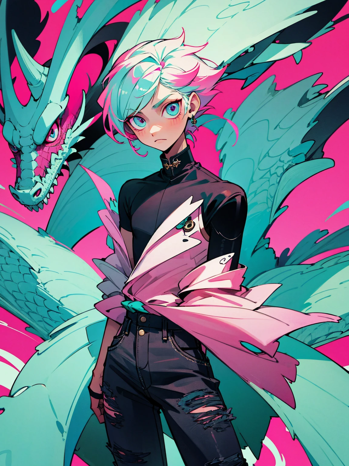 Dragon boy_ white scales with turquoise and pink details_detailed eyes_wearing a stylish coat with abstract details_ ripped black jeans.