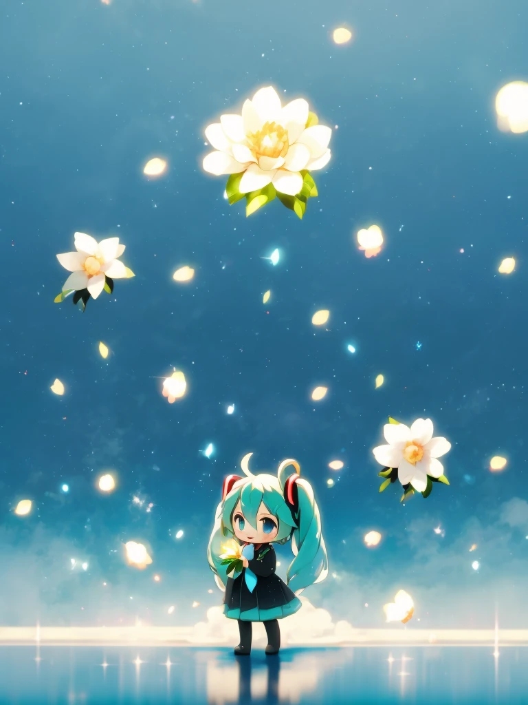 Eye Focus, masterpiece, highest quality, 1 girl, Hatsune Miku, Holding a single white rose, petal, Night Background, fire Fly, Particles of light, alone, Twin-tailed aqua blue hair, Sparkling髪飾り，Aqua blue eyes, Sparkling，smile，Are standing, Pixiv, Written boundary depth, Structure of the film, Best lighting, look up