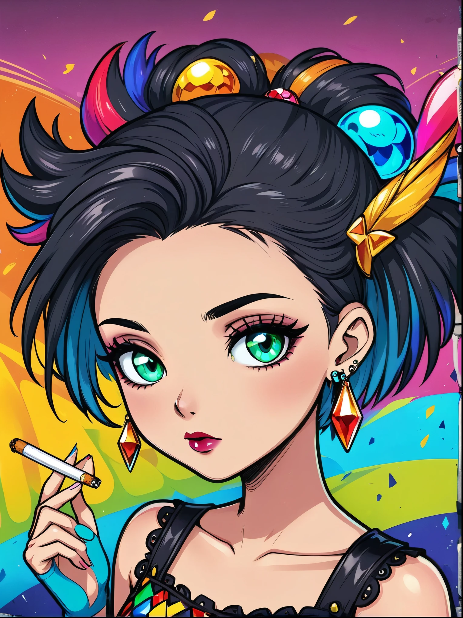 A cartoon doodle character，Vector illustration，1 female, Solitary, Black Hair, Hair accessories, Long ears and short hair, Heavy makeup, Eyeshadow, (Forehead Gem:1.5), Colored contact lenses, Crystal Earrings, cigarette, Work, Dazzling colors, Stunning visuals, otherworldly appearance, captivating art, best quality, masterpiece, best quality, best quality, Anatomically correct, Textured Skin, Standing in front of a graffiti style background，Adds whimsy to the scene