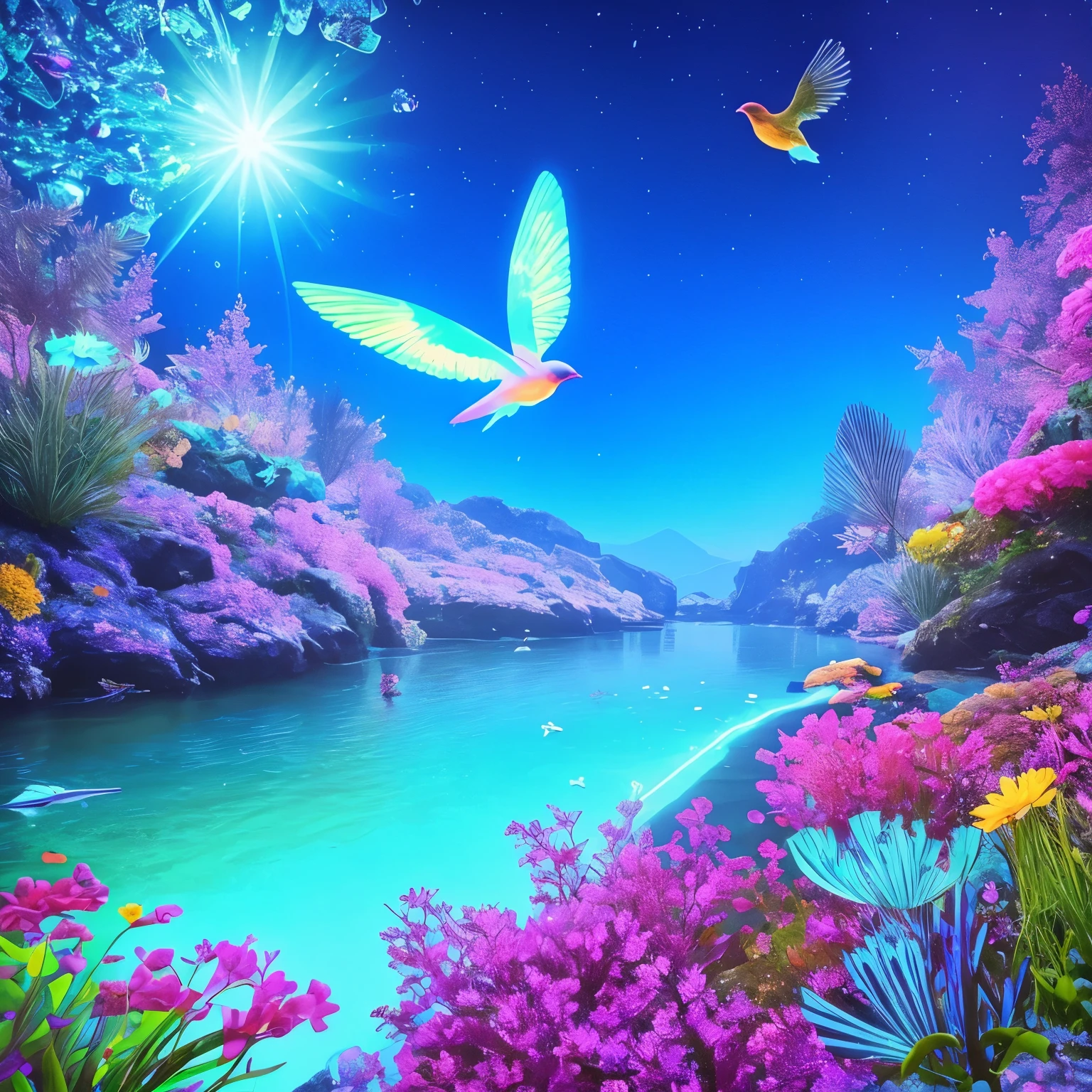 a close up of a flower and a bird flying over a river, glowing crystals on the ground, crystal clear neon water, cave glowing stones, neon bioluminescence, [ bioluminescent colors ]!!, neon color bioluminescence, glowing colors, fish are glowing in the ocean, beautiful!!! digital art, bioluminescent opal