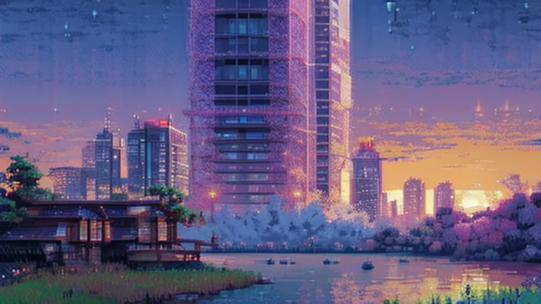 city, skyscraper, pixels, 8-bit gaming city, retro, pixel, all purple.