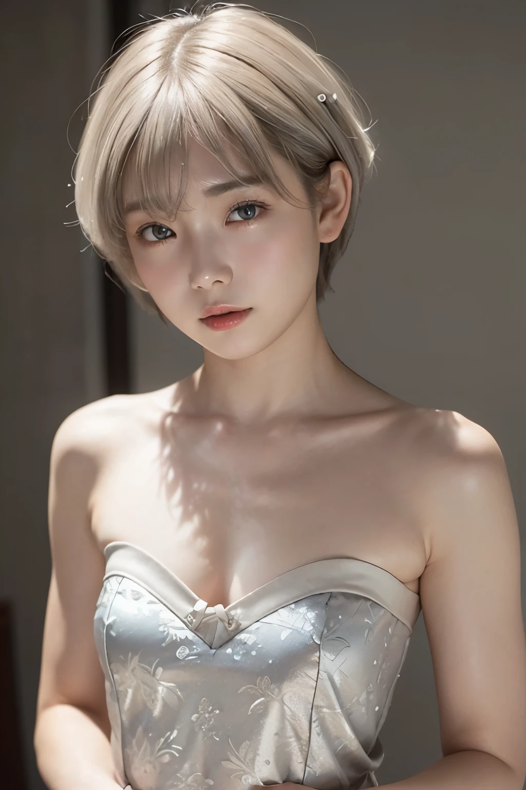 highest quality、8k Masterpiece、超A high resolution、(Photorealistic:1.3)、eye shadow、light makeup、RAW Photos、1 girl、Silvery white hair short bob cut、((Small, flat chest:1.4))、Glowing Skin、((She wore a strapless camisole:1.3))、((Ultra-Realistic Details))、Portrait、Global Illumination、Shadow、Octane Rendering、8k、Super sharp、Beautiful small breasts、Bare skin exposed in the cleavage of her small breasts、Metal、Cold colors、、Very intricate details、Realistic Light、CGSoation Trend Beautiful Eyes、Eyes shining at the camera、Neon Details、High school girl、Shining brown eyes、、、Flat chest、Gray solid background