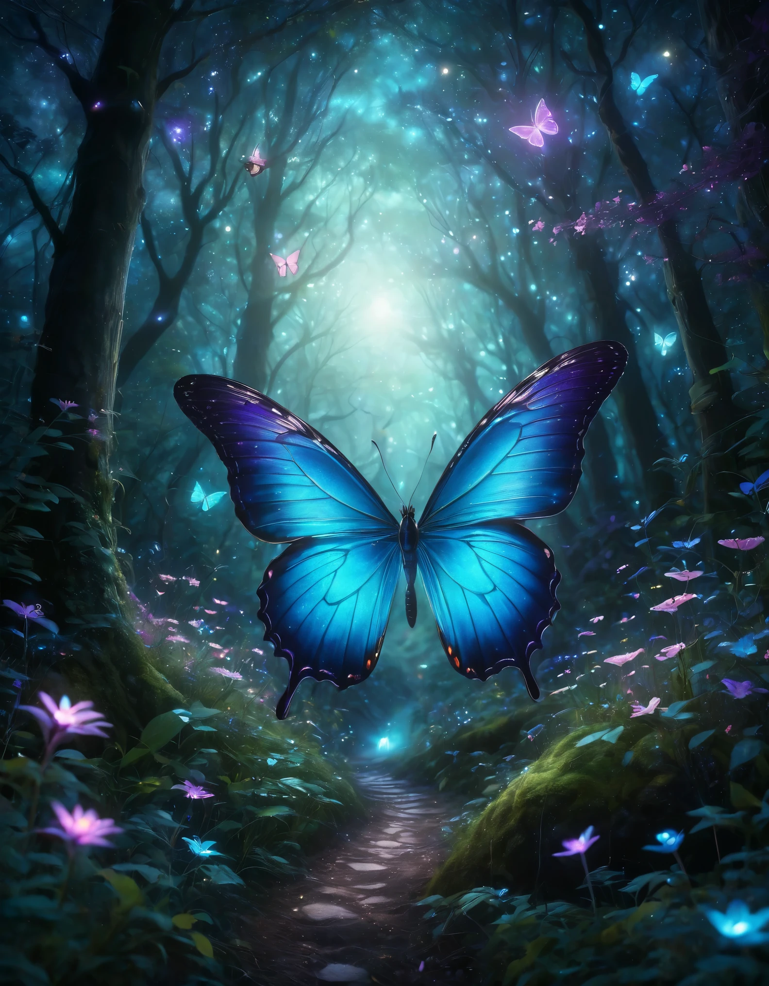 Create an enchanting scene of a magical forest at night. In the center, a large, iridescent butterfly with deep blue and turquoise wings adorned with small glowing orbs of light hovers gracefully. Surrounding the butterfly are delicate, luminous flowers in shades of purple, pink, and yellow, each emitting a soft glow. Smaller butterflies, in various colors, flutter around, adding to the ethereal atmosphere. The background is a mystical forest with dark, shadowy trees and a faint path illuminated by soft, multicolored lights. The sky is a deep, starry night with hints of green and blue light, creating a dreamy and otherworldly ambiance. The overall scene is filled with a sense of wonder, magic, and serenity.
