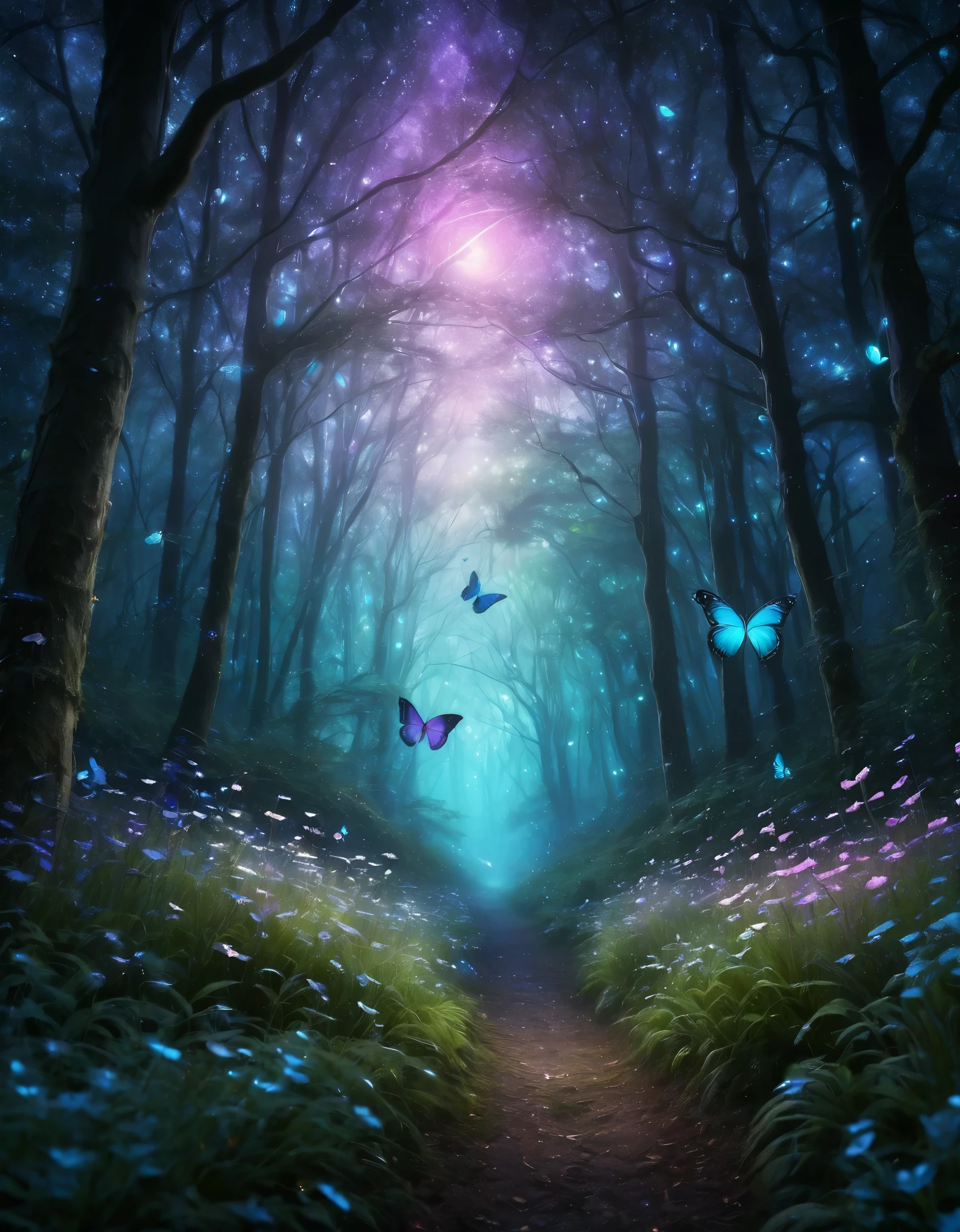 Create an enchanting scene of a magical forest at night. In the center, a large, iridescent butterfly with deep blue and turquoise wings adorned with small glowing orbs of light hovers gracefully. Surrounding the butterfly are delicate, luminous flowers in shades of purple, pink, and yellow, each emitting a soft glow. Smaller butterflies, in various colors, flutter around, adding to the ethereal atmosphere. The background is a mystical forest with dark, shadowy trees and a faint path illuminated by soft, multicolored lights. The sky is a deep, starry night with hints of green and blue light, creating a dreamy and otherworldly ambiance. The overall scene is filled with a sense of wonder, magic, and serenity.
