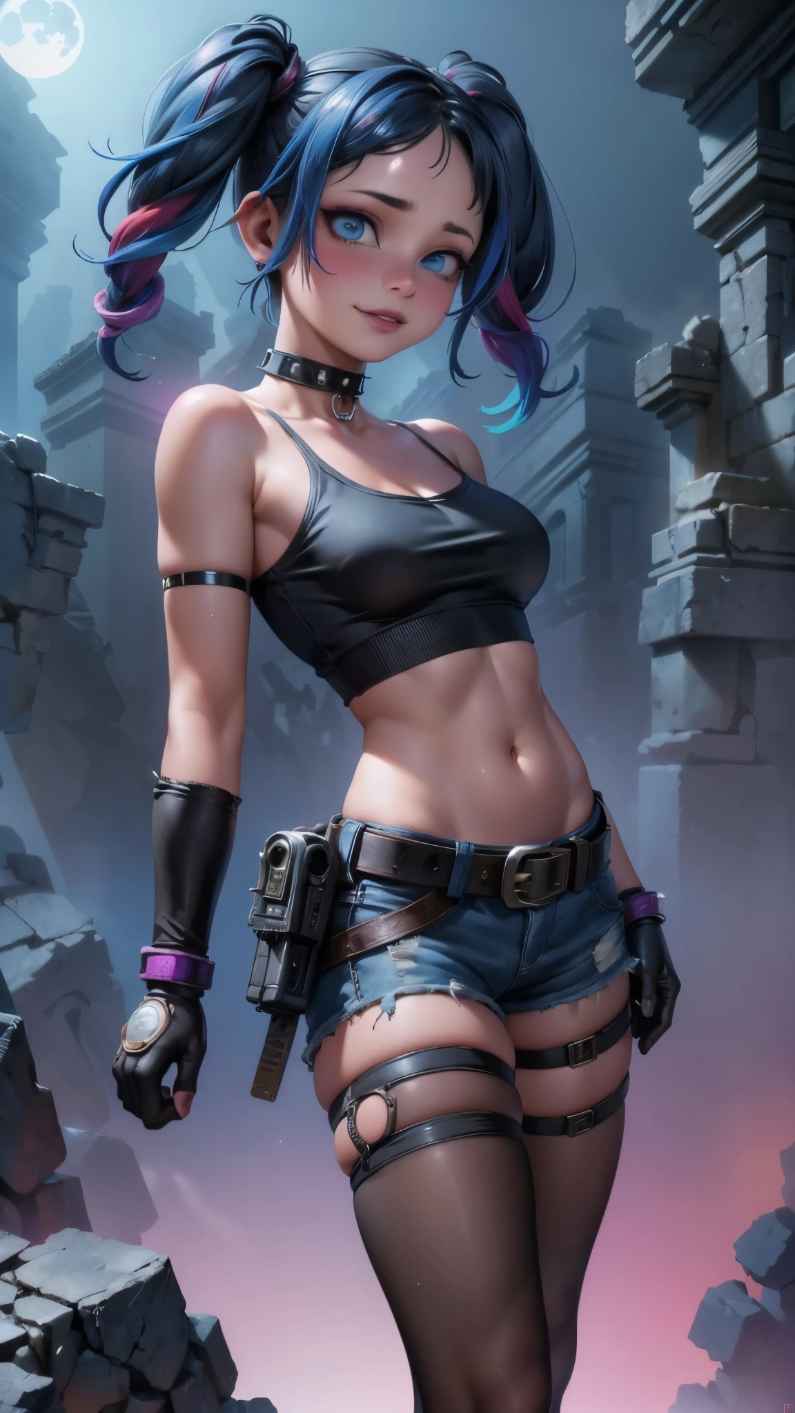 1girl, blonde hair, twintails, shorts, pantyhose, crop top, torn clothes, blue eyes, solo, makeup, midriff, gloves, jewelry, navel, short shorts, bracelet, torn shirt, fishnets, spikes, multicolored clothes, belt, fishnet pantyhose, spiked bracelet, single glove, torn pantyhose, breasts, graffiti, lipstick, jacket, clothes writing, multicolored hair, collar, eyeshadow, blue hair, multicolored jacket, blood, smile, shirt, looking at viewer, nail polish, choker,, ,(Fondo de ruinas de mazmorra en ruinas piedras grandes cyberpunk :1.4 ), (perfect anatomy:1.4), More detailed 8K.motor irreal:1.4,UHD,La mejor calidad:1.4, fotorrealista:1.4, textura de la piel:1.4, obra maestra:1.8,obra-prima, mejor calidad,objeto Objeto], (detailed face features:1.3),(Las proporciones correctas),(Ojos hermosos azules:1.4 ),  (pose vaquero),( cinematic lighting :1.4), (face detailed:1.4), score_9, score_8_up, score_7_up, score_6_up, rating_explicit, 1girl, ((18YO:1.2)), Adult, full lips, big clear eyes, light blue eyes, (( hair:1)), (long wavy hair: 1.2),(face detailed:1.4), ,(Fondo de ruinas de mazmorra en ruinas piedras grandes caverna cyberpunk :1.4 ), (fondo luna brillante grande:1.4),( lara croft:1.4),( lara croft V2.1),( guantes negros:1.4 ) 