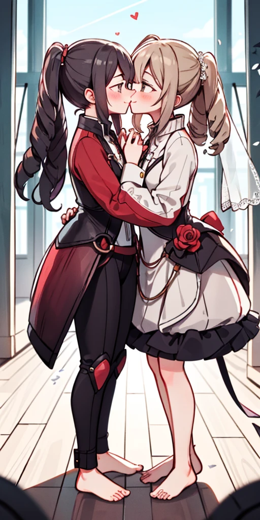 Body position: Standing, straight, symmetrical, barefoot, Lustful smile on face with red blush, 2 girls who gets married and stands in front of many people, kissing