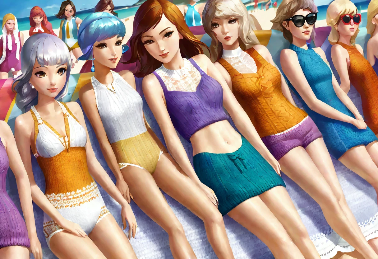 Some cute and women (age 20) lounge on the beach in knitted swimsuits of various colors with white lace trim. Crowded beach
