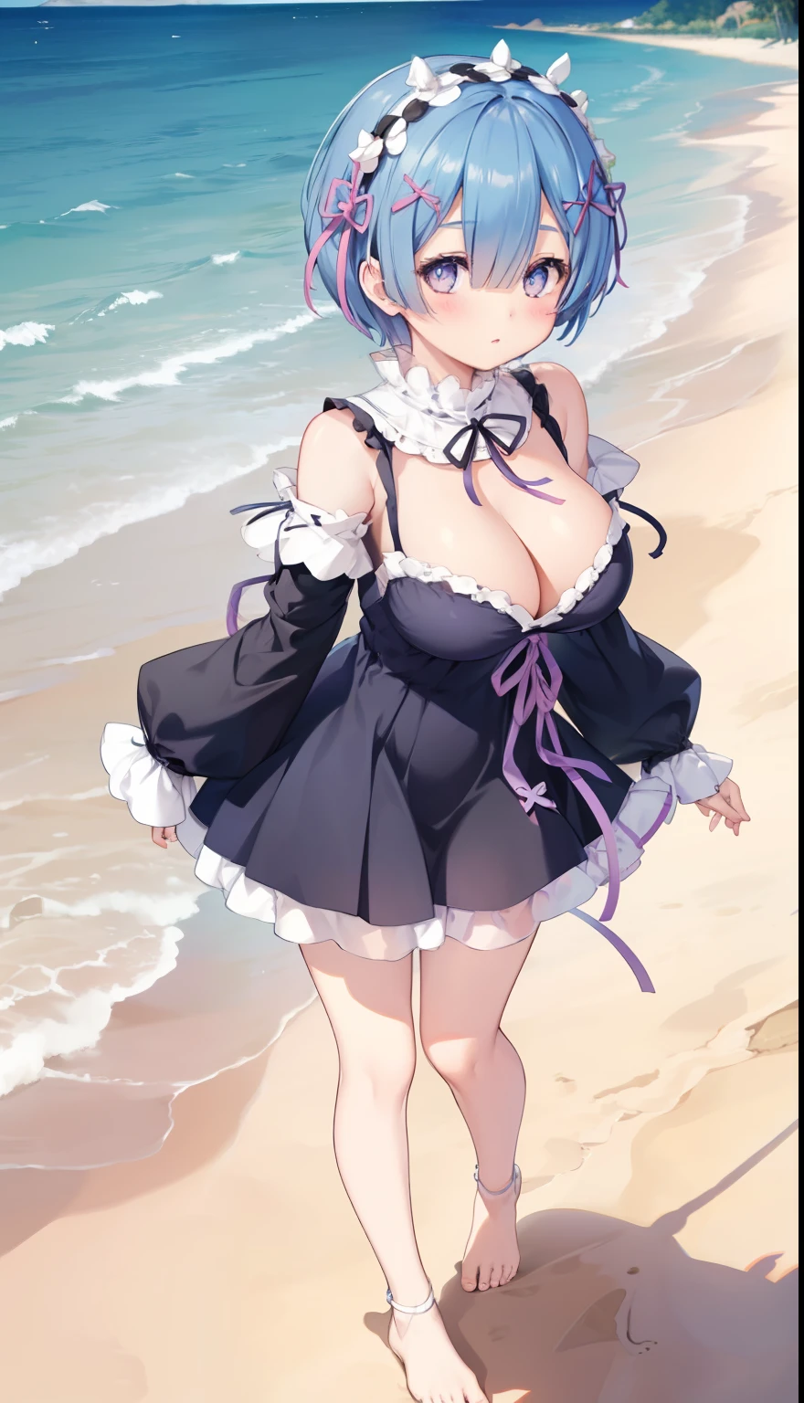 One Girl、Rem from Re:Zero、positive、Standing posture、Full body portrait、Black Hair、Medium Haircut、blush、Absolute area、No panties、No bra、barefoot、Light blue dress、Off-the-shoulder dress、(Very large breasts)、Cleavage、((Lesbians around the world))、masterpiece、(highest quality)、barefoot、White Sandals、Bare your breasts、Seaside、Walking on the beach、Outdoor、Very short skirt、Show off your thighs