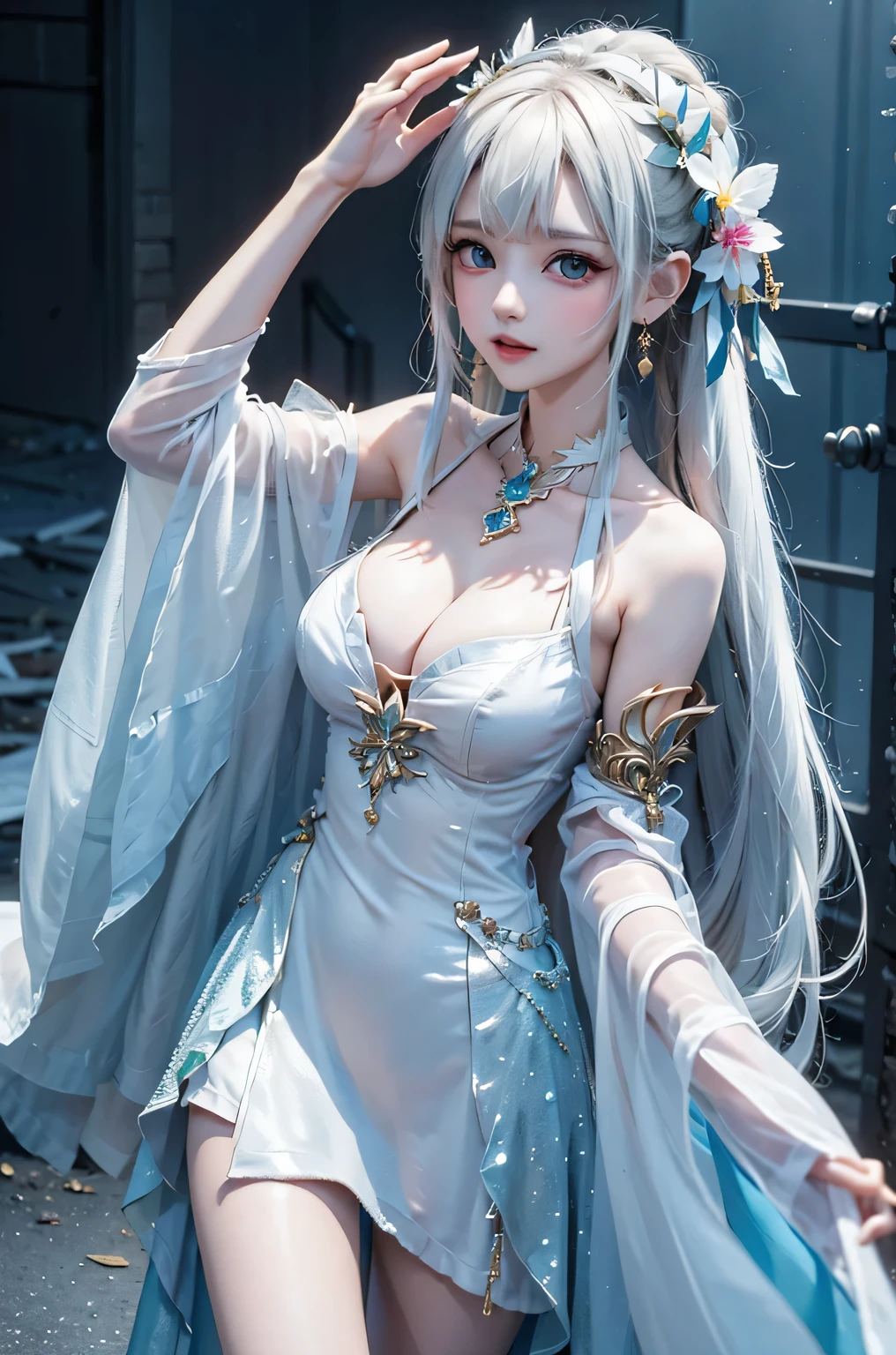 (masterpiece、highest quality、Every detail,Fantastic lighting,Shallow depth of field)(1girl,solo)(cute girl,Long dress,The dress has a loose fit,Exposing shoulders,No sleeve,Long hair with white hair、medium beautiful breasts,Beautiful cleavage,thin and white legs、White skin)(ruins、Dilapidated Building、Collapsed Wall)(Close-up)(Close-up image from the waist up、Sexy model posing)