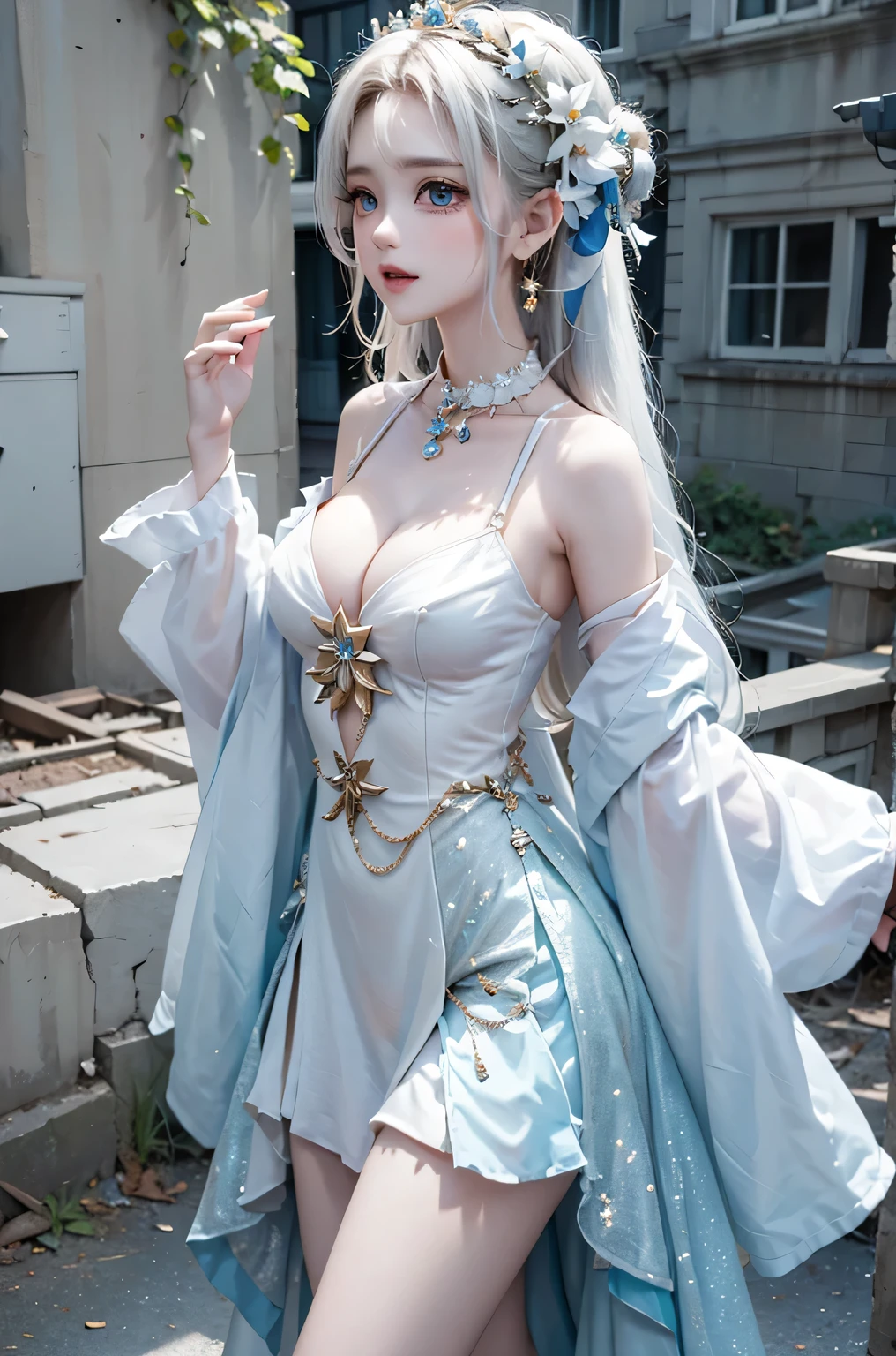 (masterpiece、highest quality、Every detail,Fantastic lighting,Shallow depth of field)(1girl,solo)(cute girl,Long dress,The dress has a loose fit,Exposing shoulders,No sleeve,Long hair with white hair、medium beautiful breasts,Beautiful cleavage,thin and white legs、White skin)(ruins、Dilapidated Building、Collapsed Wall)(Close-up)(Close-up image from the waist up、Sexy model posing)
