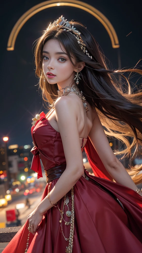 8K UltraHD, obra maestra, mejor calidad, una chica hermosa, pelo largo, peinado impresionante, joyas de pelo real, cara muy linda, cara perfecta, jewelry earrings, joyas antiguas, detalles ojos, ojos bonitos, maquillaje meticuloso, Cejas finas, hermosos labios rojos, pechos medianos, vestido real, vestido rojo, cordones rosa claro, colores realistas, efecto magico, Fondo nocturno, Mira directamente a la audiencia., poses atractivas,
