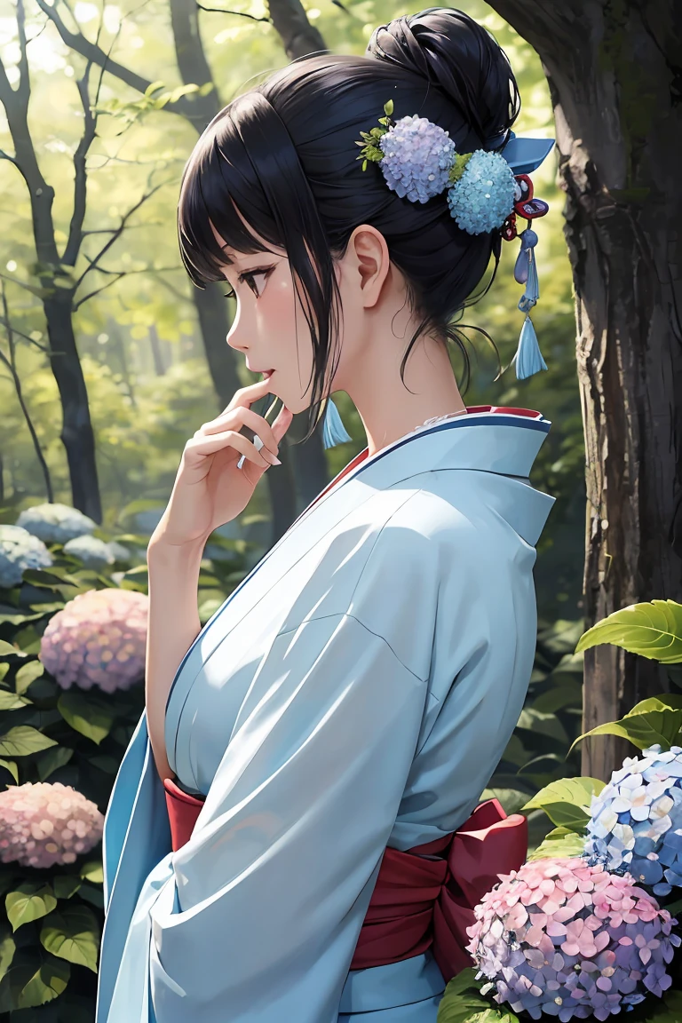 masterpiece ,highest quality, delicateな髪の美しい女性, Flowers, forest, June,Hydrangea,profile,Fleeting,beauty,delicate,Cinematic,Japanese women,profile,mature,Shiny woman,Downward Angle,Light blue kimono,Put your hand over your mouth,Posing to be thinking