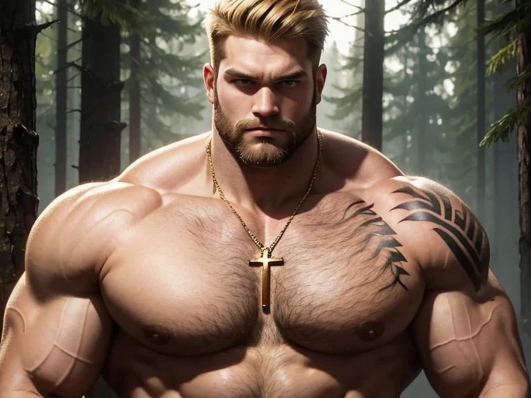 He is a lumberjack. Whole body image of an Absolute monster of a Caucasian is showing off his huge bicep muscles. Huge huge shoulders, he is as broad as he is tall. 30 years old. bleach blond close cropped stubble, powerfully muscled, massive shoulders and biceps. well-defined six pack. Exceptionally thick gold cross necklace. chest tattoo. Forest