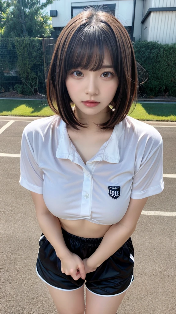 masterpiece, best quality, illustration, Super detailed, fine details, High resolution, 8K,wall paper, perfect dynamic composition,(Details High quality, realistic depiction of eyes:1.3), oversized sport shirt, shorts women, short bob hair, black hair color, Big Natural Color Lip, sexy pose, crying a little、cold gaze, Harajuku style、20 year old girl、cute type、ta, hposing Gravure Idol, full body photo、focus on crotch, medium breasts heavy chest