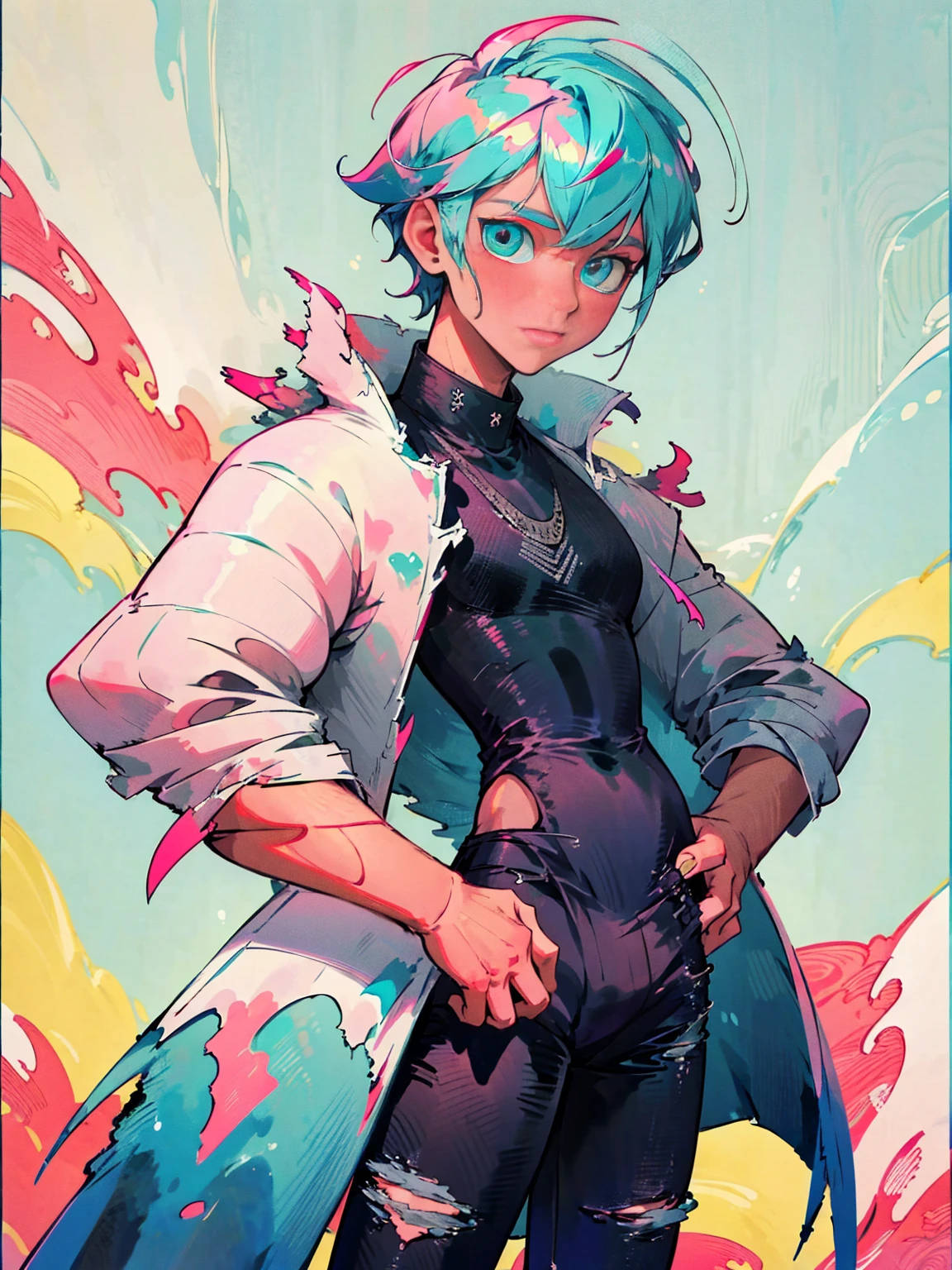 Dragon boy_ white scales with turquoise and pink details_detailed eyes_wearing a stylish coat with abstract details_ ripped black jeans.