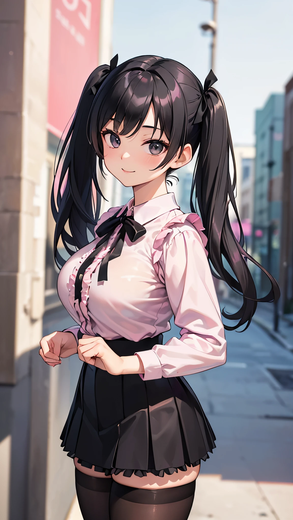 Best quality, masterpiece, super high resolution, (photorealistic:1.4), raw photo, 1 mature woman, 1 mature woman, (best quality, high resolution, 4k, detailed lighting, shaders, perfect anatomy, perfect proportions), viewer, (masterpiece, best quality), tabletop, best quality, photorealistic, detailed, high resolution, 8k wallpaper, perfect dynamic composition, beautiful details, (best quality)), ((masterpiece), real skin glow, landmine type 1 woman, 3d anime, cute, 20 years old, ((black hair twin tails)), black eyes, long hair, facing forward, smiling, ((very large breasts)), (((pink frilly blouse, black ribbon))), ((platform loafers)), ((black miniskirt, black tights)), cowboy shot, urban background