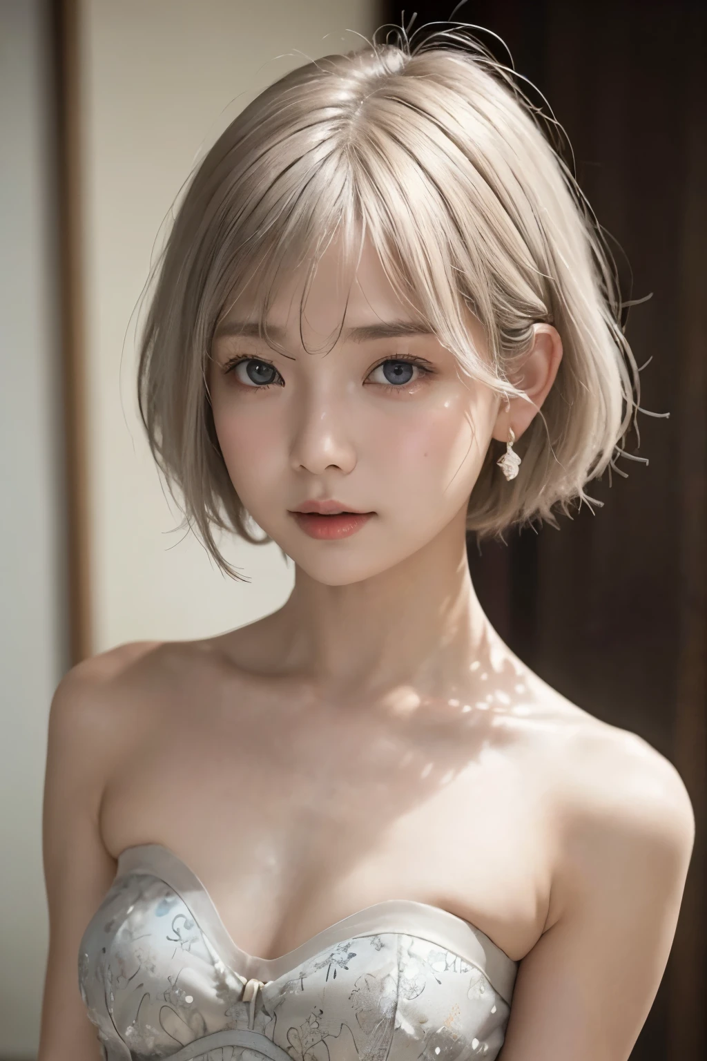highest quality、8k Masterpiece、超A high resolution、(Photorealistic:1.3)、RAW Photos、1 girl、Silvery white hair short bob cut、((Small, flat chest:1.4))、Glowing Skin、((She wore a strapless camisole:1.3))、((Ultra-Realistic Details))、Portrait、Global Illumination、Shadow、Octane Rendering、8k、Super sharp、Beautiful small breasts、Bare skin exposed in the cleavage of her small breasts、Metal、Cold colors、、Very intricate details、Realistic Light、CGSoation Trend Beautiful Eyes、Eyes shining at the camera、Neon Details、High school girl、Shining brown eyes、、、Flat chest、