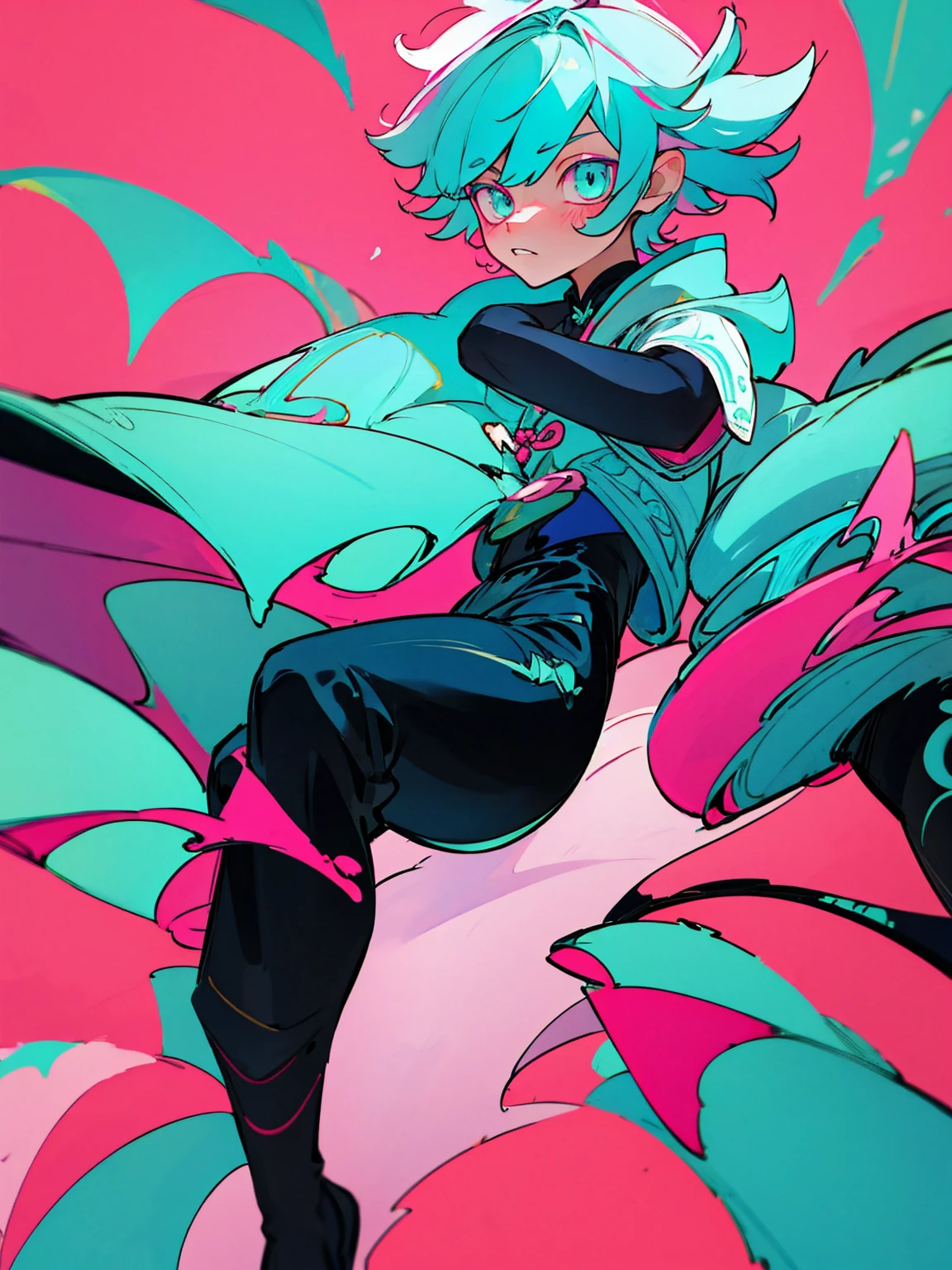 Dragon boy_ white scales with turquoise and pink details_detailed eyes_wearing a stylish coat with abstract details_ ripped black jeans.