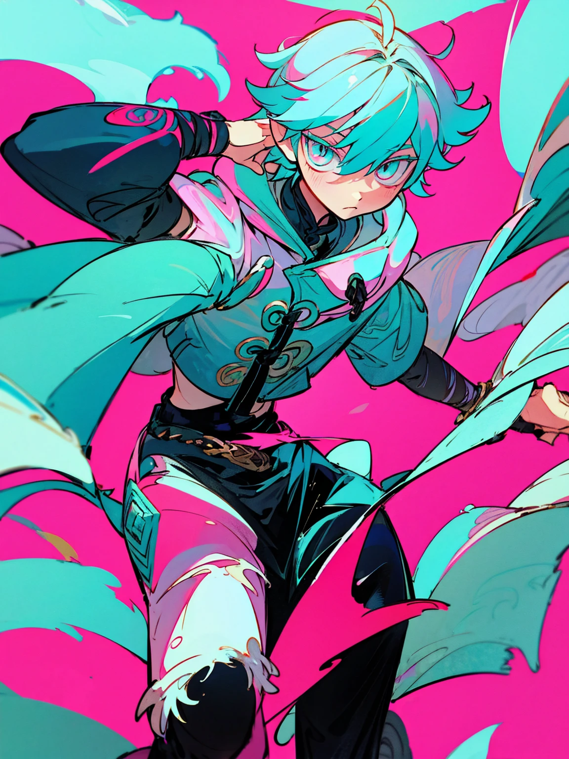 Dragon boy_ white scales with turquoise and pink details_detailed eyes_wearing a stylish coat with abstract details_ ripped black jeans.