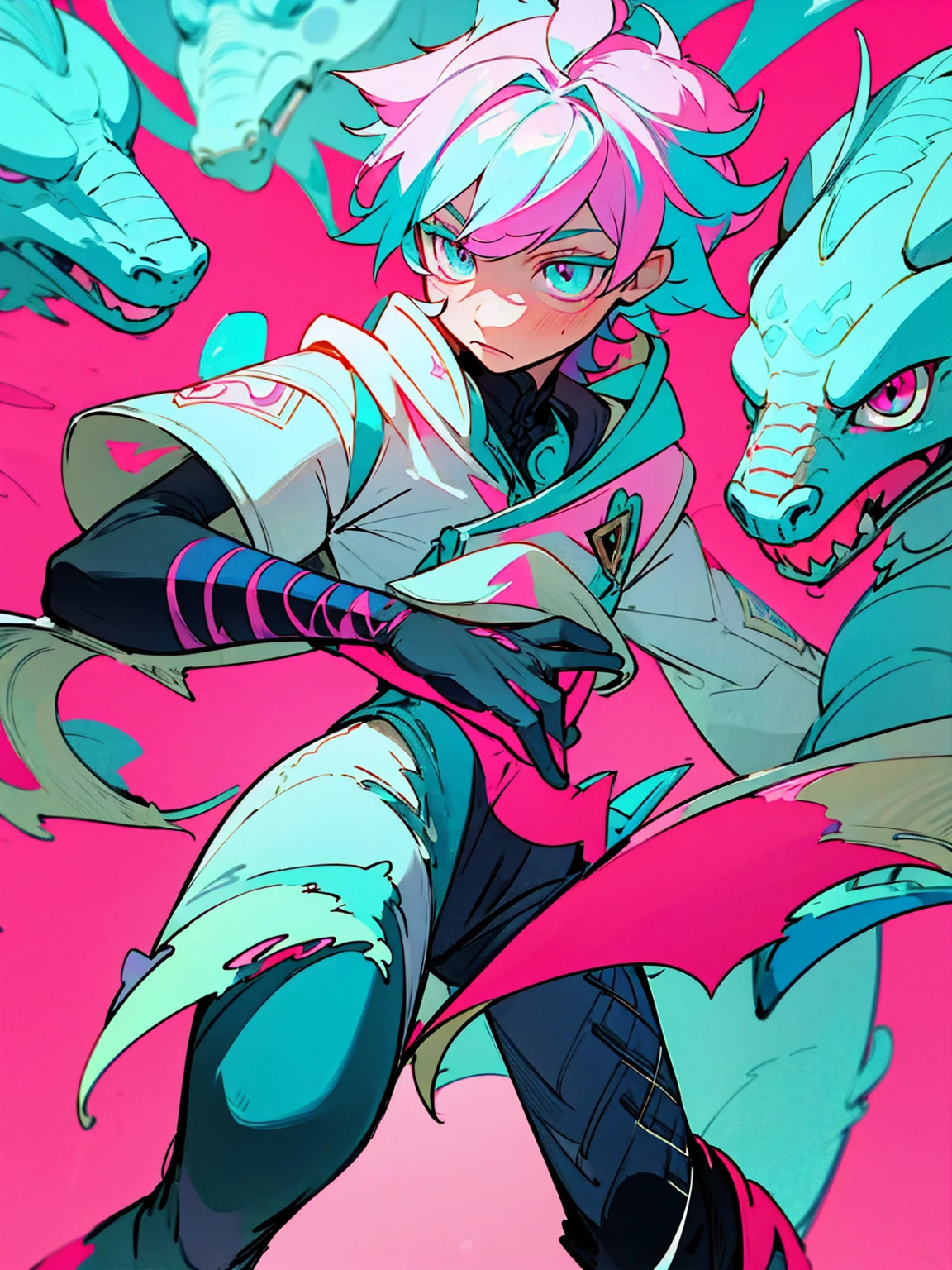Dragon boy_ white scales with turquoise and pink details_detailed eyes_wearing a stylish coat with abstract details_ ripped black jeans.