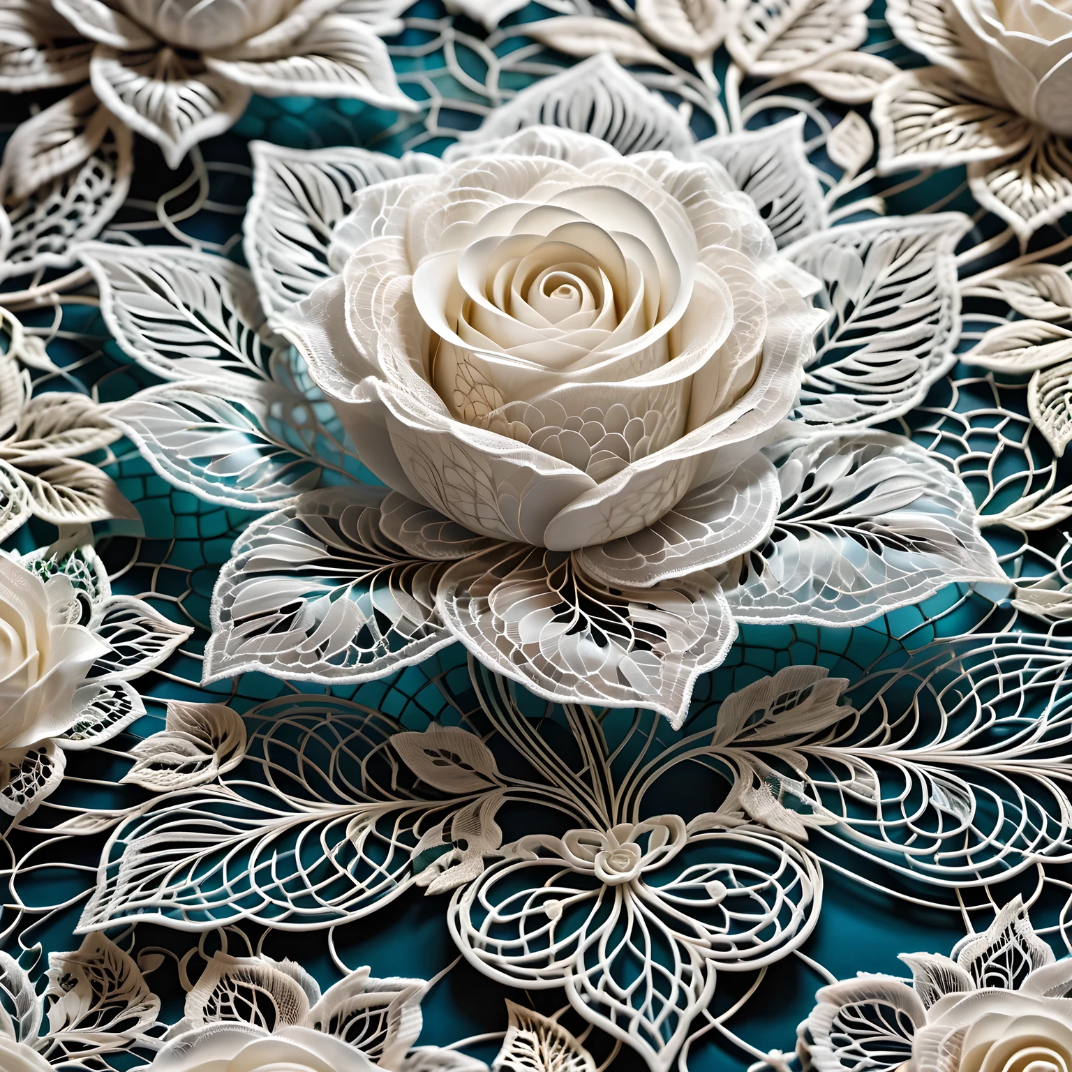 Close-up of a rose made of white lace, high detail, intricate pattern