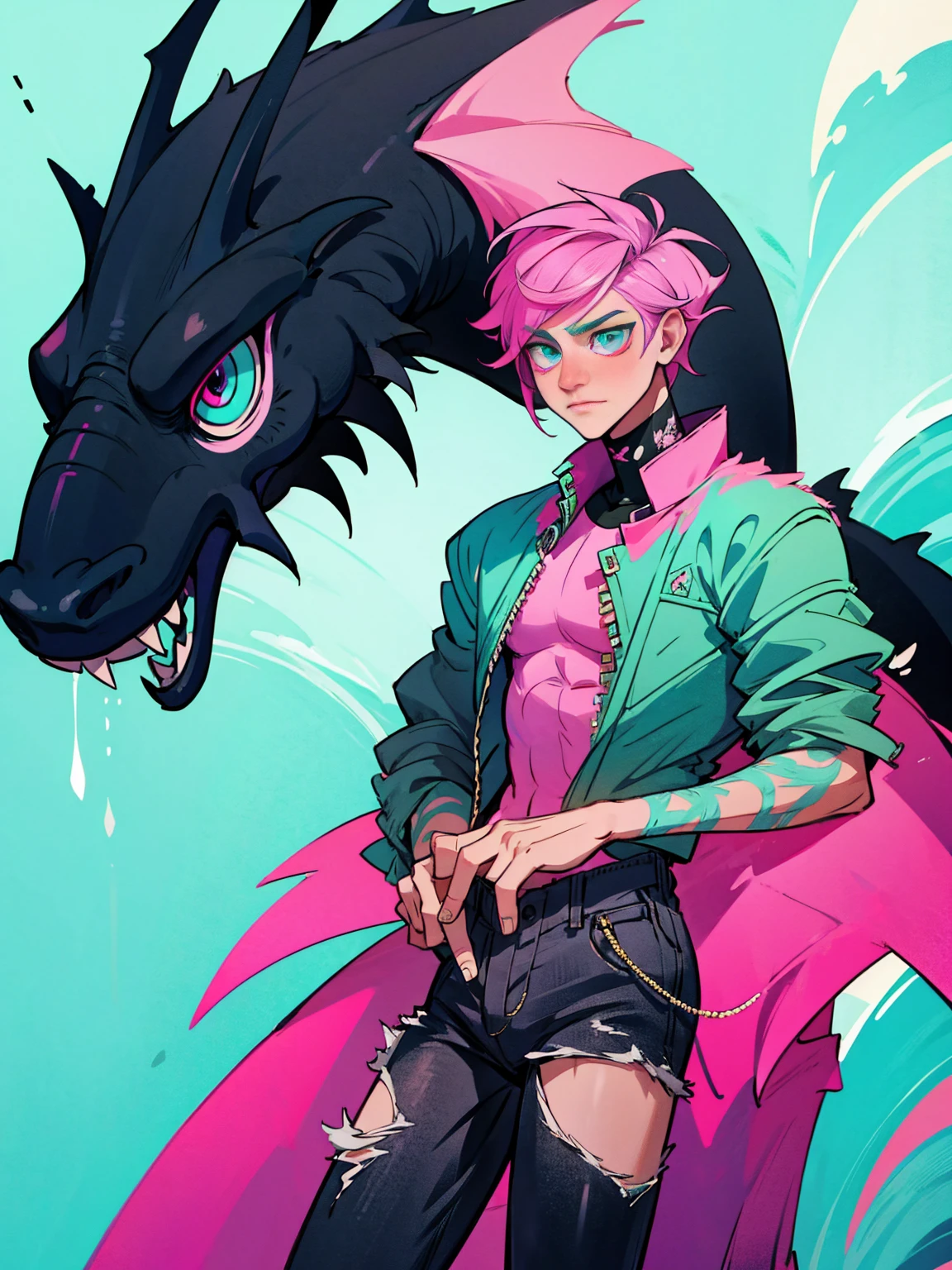 Dragon boy_ white scales with turquoise and pink details_detailed eyes_wearing a stylish coat with abstract details_ ripped black jeans.