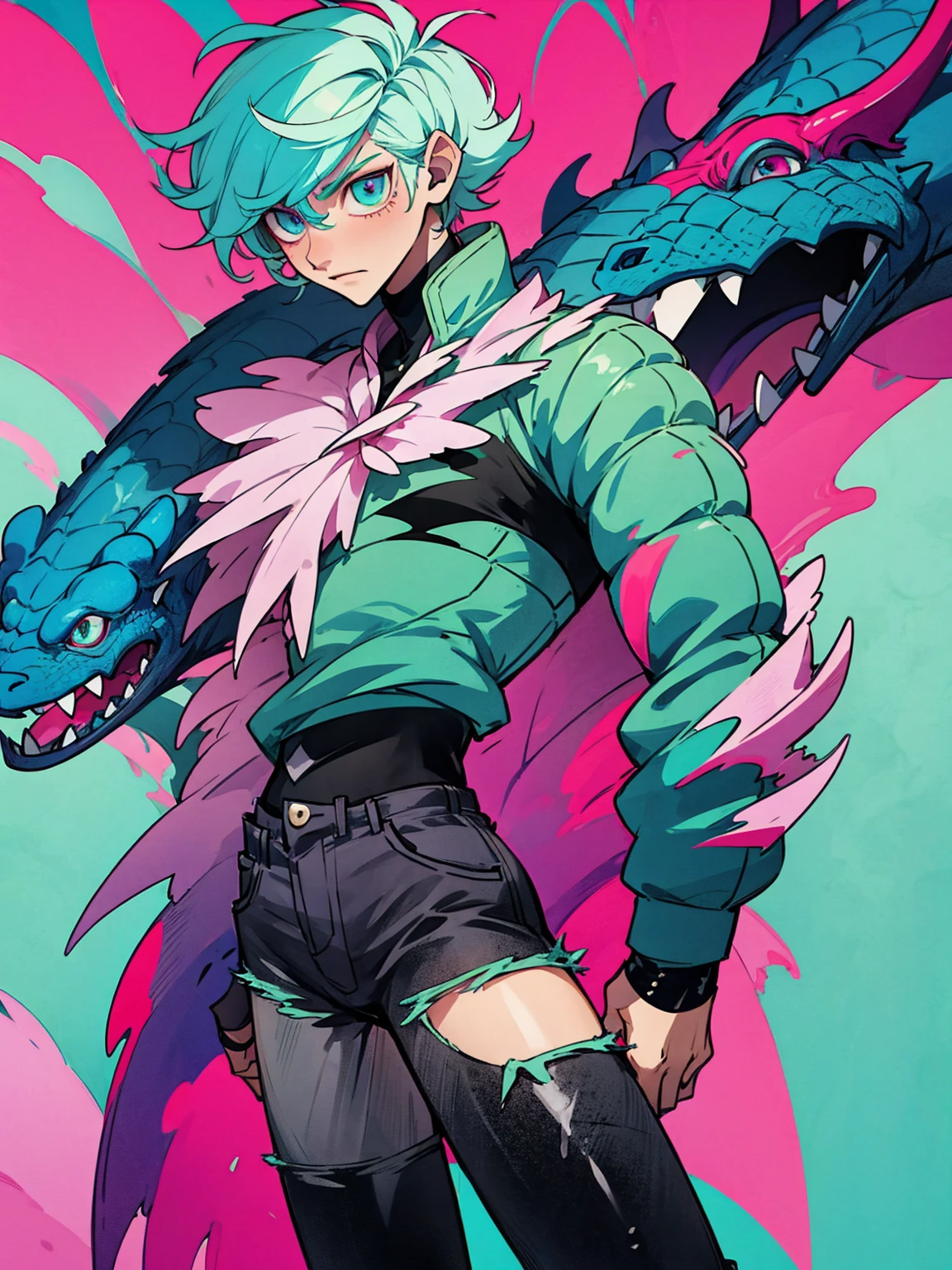 Dragon boy_ white scales with turquoise and pink details_detailed eyes_wearing a stylish coat with abstract details_ ripped black jeans.