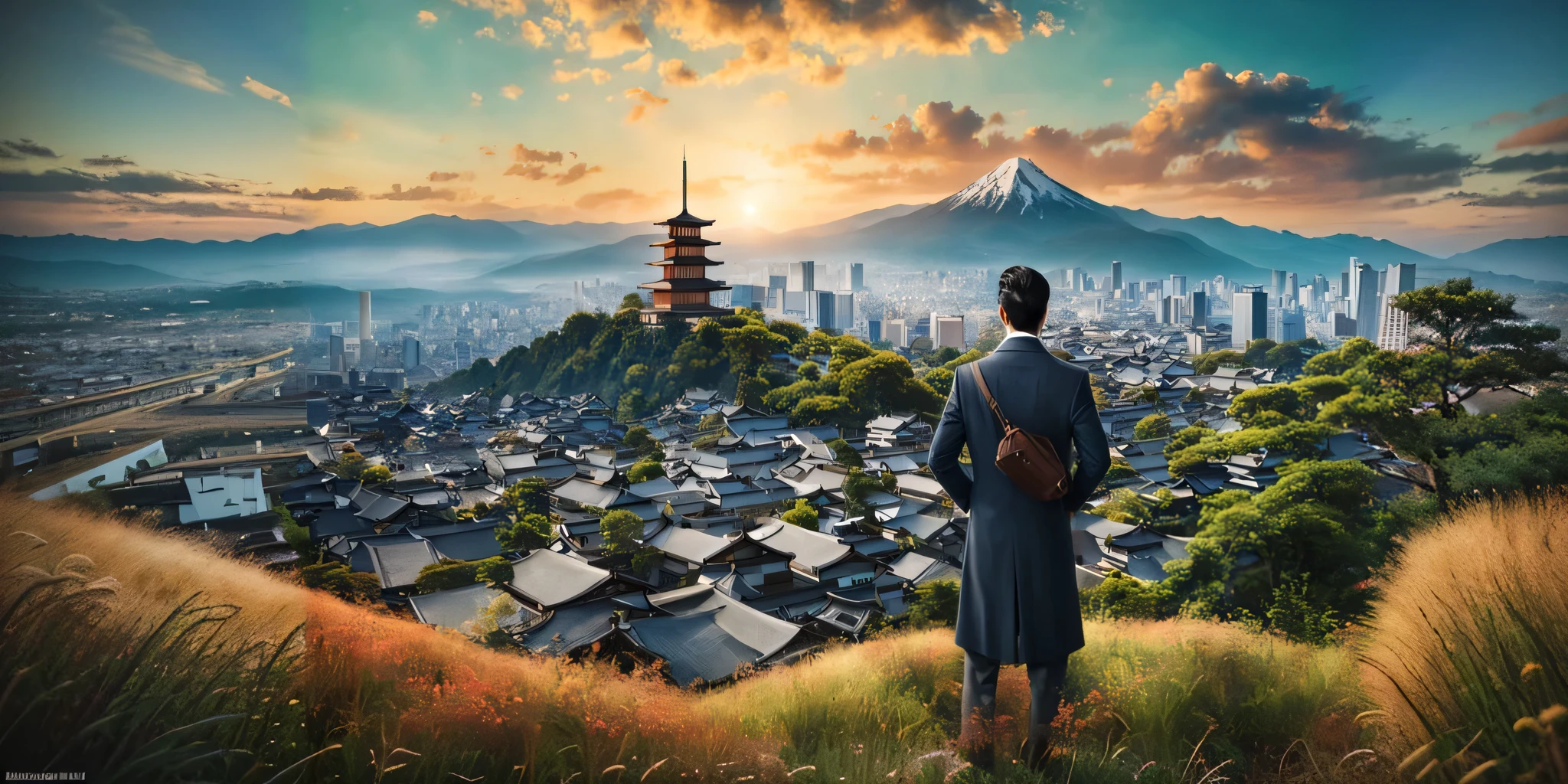a man in a suit standing on a cliff, looking at an old japanese city in a field, not far away, extremely detailed, highly realistic, retro atmosphere, cinematic lighting, stunning landscape, hyper-detailed realistic textures, vibrant colors, masterpiece, 8K