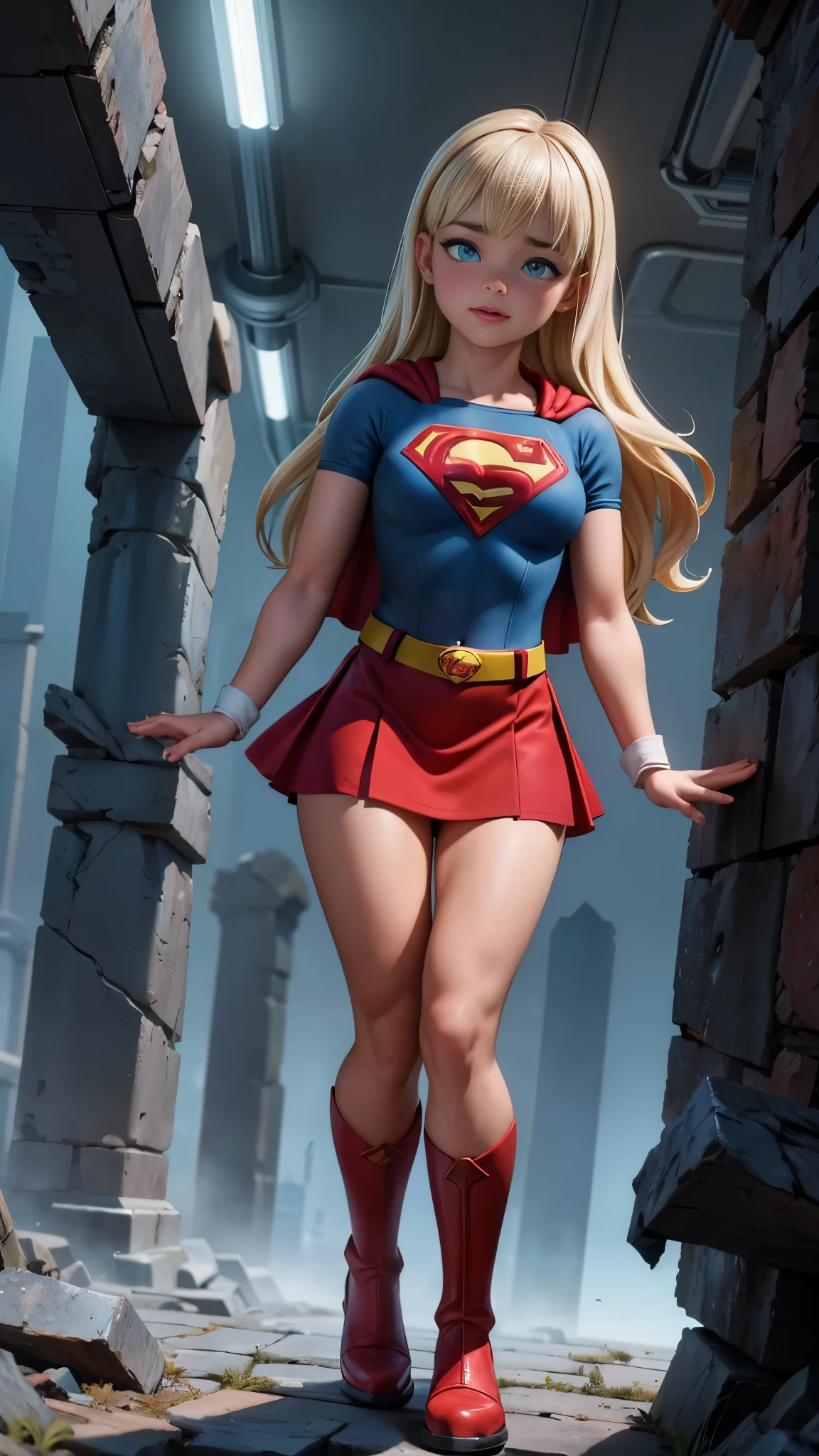 8K, Ultra HD, super details, high quality, high resolution. The heroine Supergirl looks beautiful in a full-length photo, her body is sculptural, her long wavy blonde hair is radiant in a perfect combination with her white skin, her bright blonde eyes mesmerize everyone. She is wearing her heroine outfit, a red skirt with a yellow belt, a very tight blue t-shirt with a big red S on the chest, Elta also wears a red cape and red boots. she looks very sexy drawing attention to her big breasts and thick legs as she flies through the sky.,(Fondo de ruinas de mazmorra en ruinas cyberpunk :1.4 ), (supergils superman :1.4), (vestuario white traje :1.4), (Detalles de la cara: 1.5, ojos azules brillantes, hermoso rostro, ojos bonitos, Contorno del iris, labios delgados: 1.5, Thin, sharp pale eyebrows, Long, dark eyelashes, double tabs),