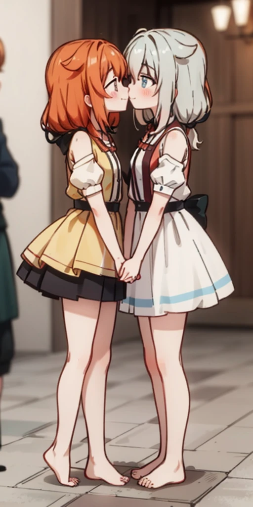 masterpiece, best quality, highres, fairy tail, 1girl, long hair, red hair, brown eyes, neck ribbon, bare shoulders, white shirt, sleeveless, center frills, blue skirt, hair over one eye,(stairs:1.2),ass, kneehighs, looking back,(pantyshot:1.1), pleated skirt, white panties,running,(from below:1.1),