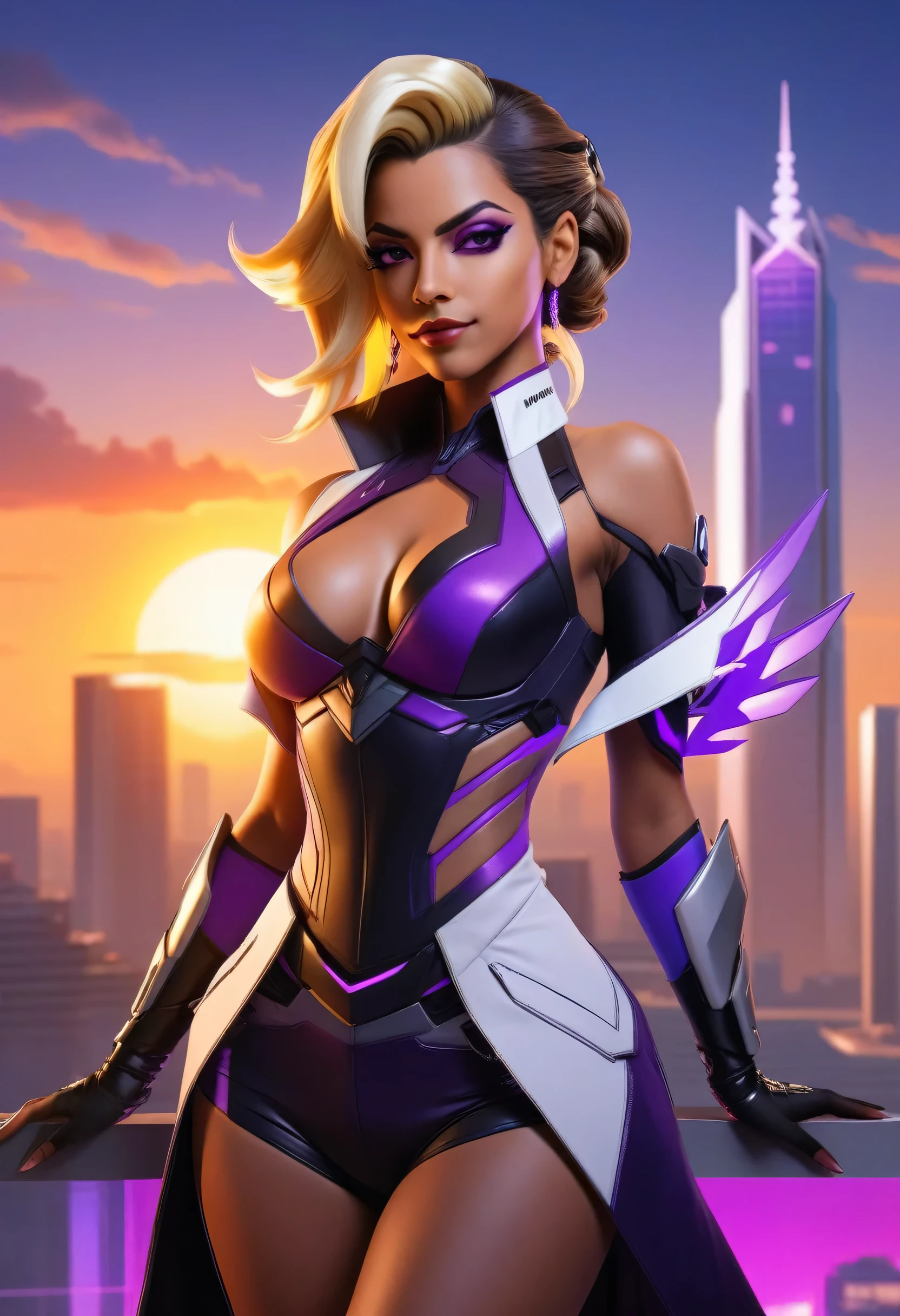 ((sombra and mercy merged:1.3)), merged, sexy, half body, metropolitan background, sunset, sexy attire, (high quality), (masterpiece), negative_hand