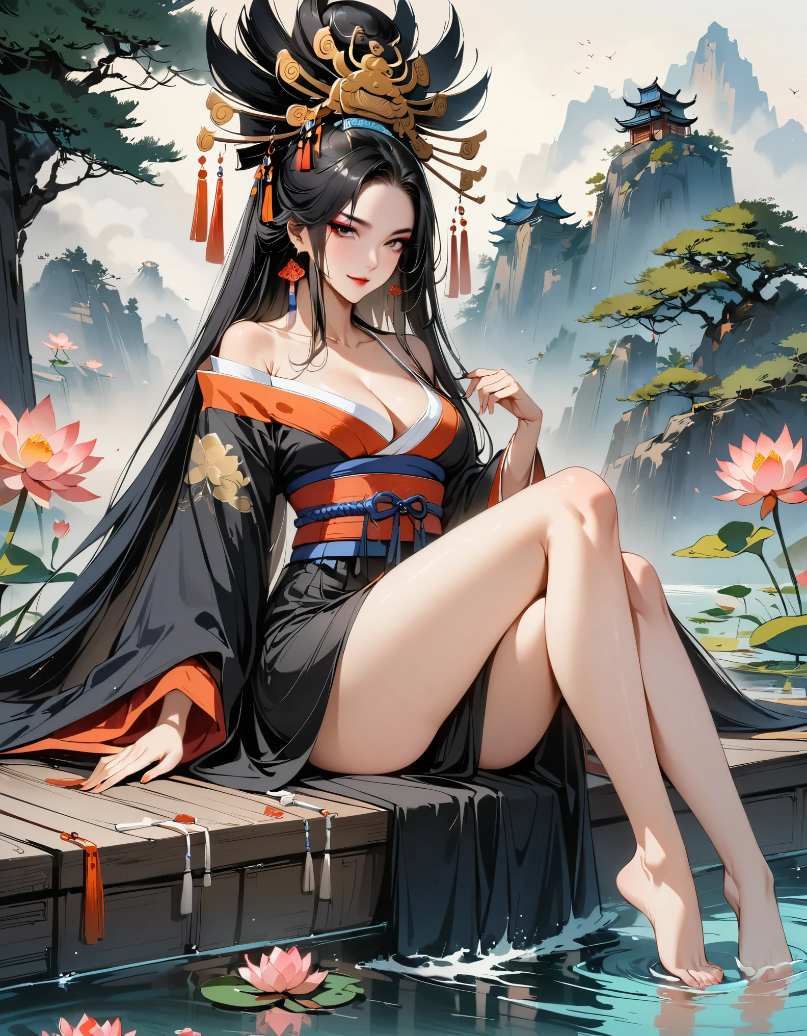 ((4k,masterpiece,best quality)), Ink Bismuth, traditional Chinese painting, lotus, Hanfu, Black Hanfu,(Dress conservatively:1.3),1girl, Solitary, Black long hair, Smile, Sitting, Feet on the surface of the water, barefoot,Gorgeous makeup,Oiran,Long legs,Mature women,Pretty face,attractive women