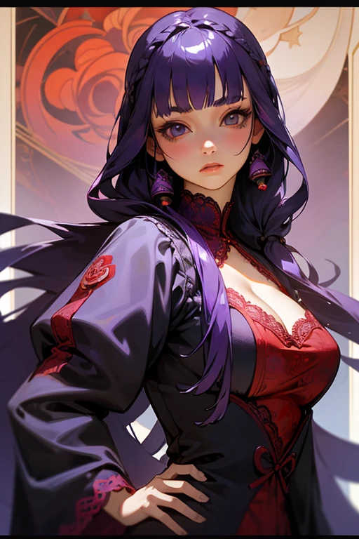 1 girl, Blunt bangs, Braiding, Wide sleeves, hair ornaments, kimono, Purple and red dress、(Purple Hair:1.2), Very long hair, Straight hair, Looking at the audience, Highly detailed background, (Realistic:1.2), Beautiful Eyes, Red eyeshadow, Written boundary depth,thigh, (Ulzzang-6500:0.7), Upper Body, (alone:1.2), (Cyberpunk City:1.1), Cleavage, Shiny skin、Hair blowing in the wind、