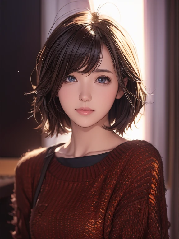 semi-realistic anime style、Slim girl with cute short cuts、Wear a miniskirt、Wear a sweater、Good style,Cute eyes、The hair is smooth and soft、Shrapnel、