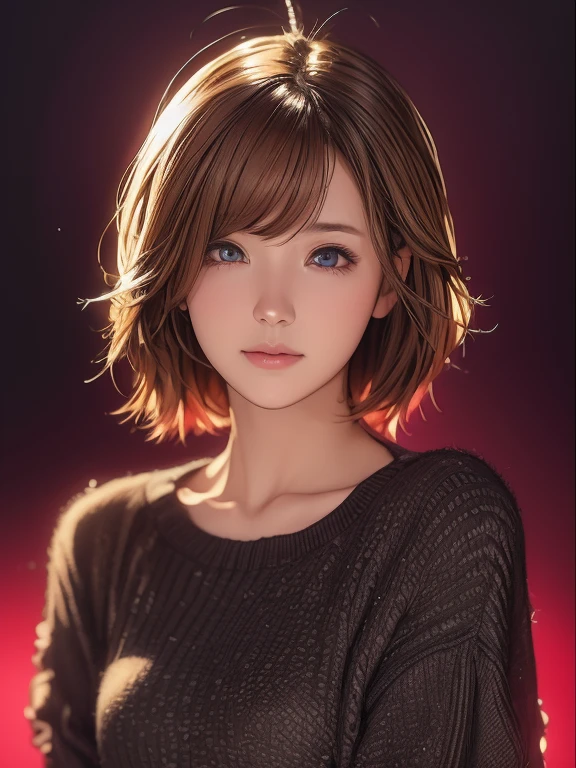 semi-realistic anime style、Slim girl with cute short cuts、Wear a miniskirt、Wear a sweater、Good style,Cute eyes、The hair is smooth and soft、Shrapnel、
