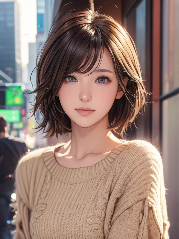 semi-realistic anime style、Slim girl with cute short cuts、Wear a miniskirt、Wear a sweater、Good style,Cute eyes、The hair is smooth and soft、Shrapnel、