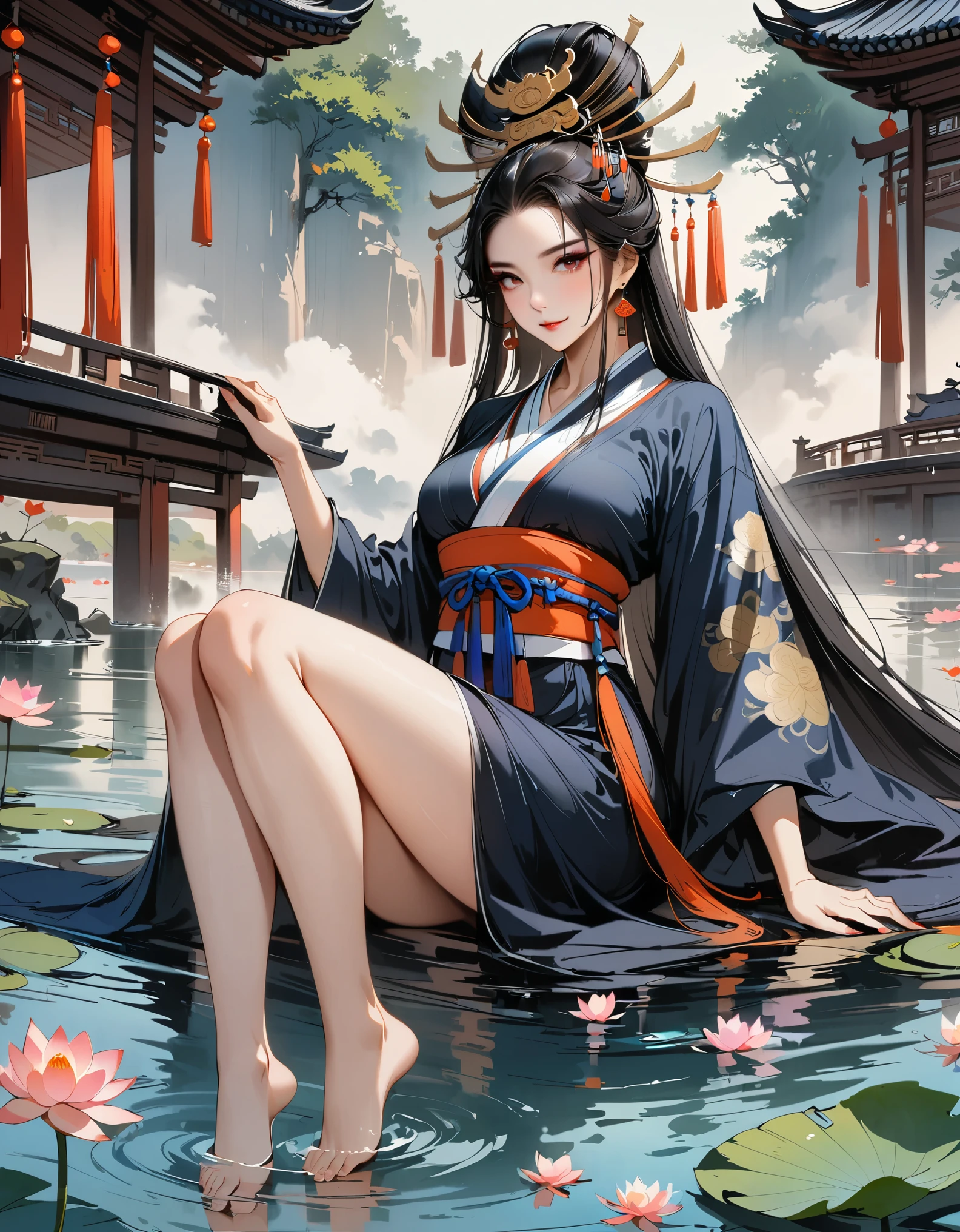 ((4k,masterpiece,best quality)), Ink Bismuth, traditional Chinese painting, lotus, Hanfu, Black Hanfu，(Dress conservatively:1.3),1girl, Solitary, Black long hair, Smile, Sitting, Feet on the surface of the water, barefoot，Gorgeous makeup，Oiran，Long legs，Mature women，Pretty face，attractive women