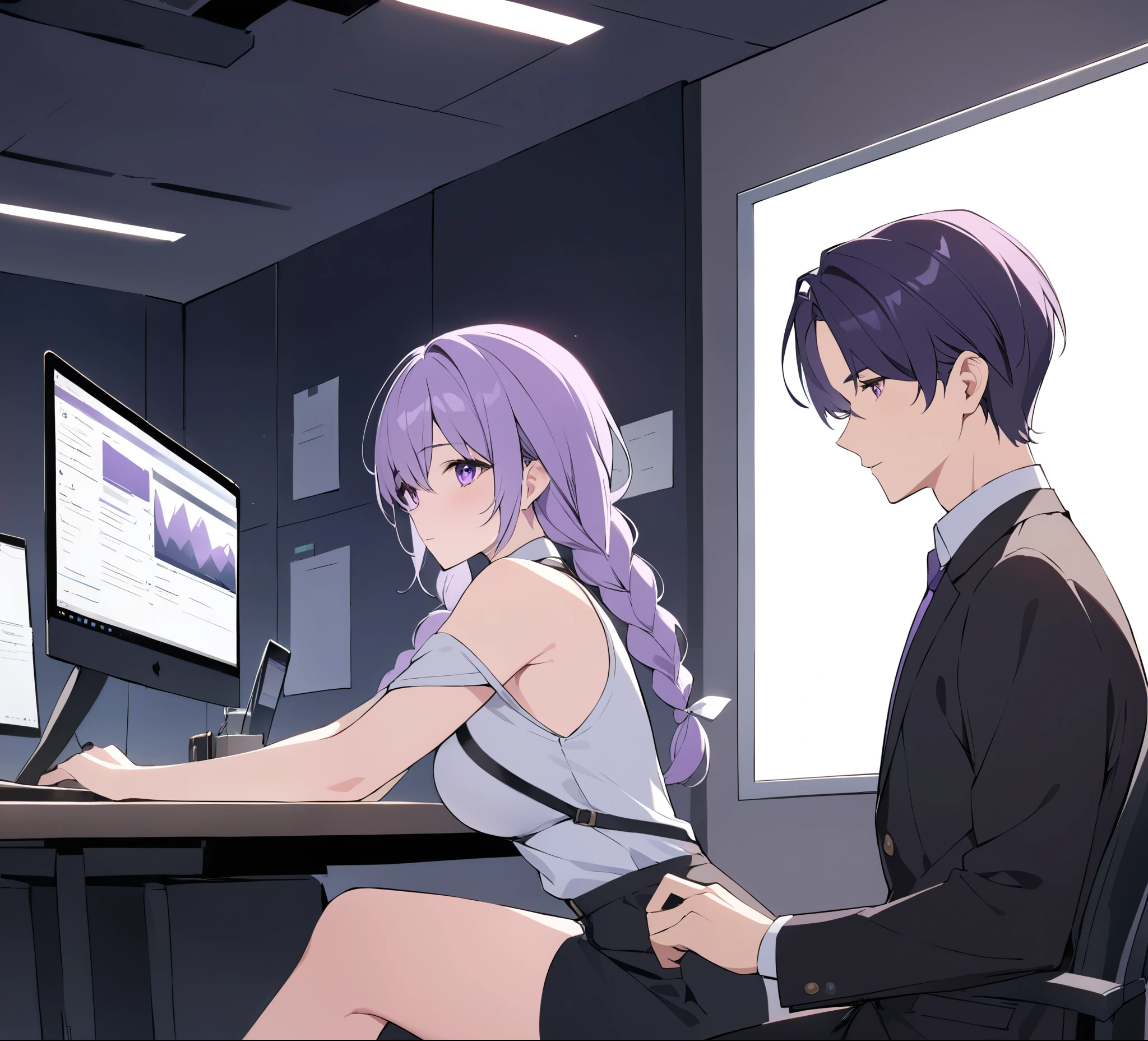 A captivating illustration portraying a blossoming romance between a man and a woman((1 male, 1 woman with purple and white gradient double braids)) in the office. The art form resembles a subtle and sophisticated digital painting, capturing the nuances of their relationship. The scene is set in a modern office space, with sleek desks, computers, and a backdrop of bustling professionals. The man and woman are seated close to each other, engrossed in a heartfelt conversation. Their body language exudes warmth and familiarity, hinting at their connection. Soft, natural lighting fills the room, creating a warm and inviting atmosphere. The overall result is a tender depiction of an office romance, showcasing the delicate balance between work and love in a professional setting.