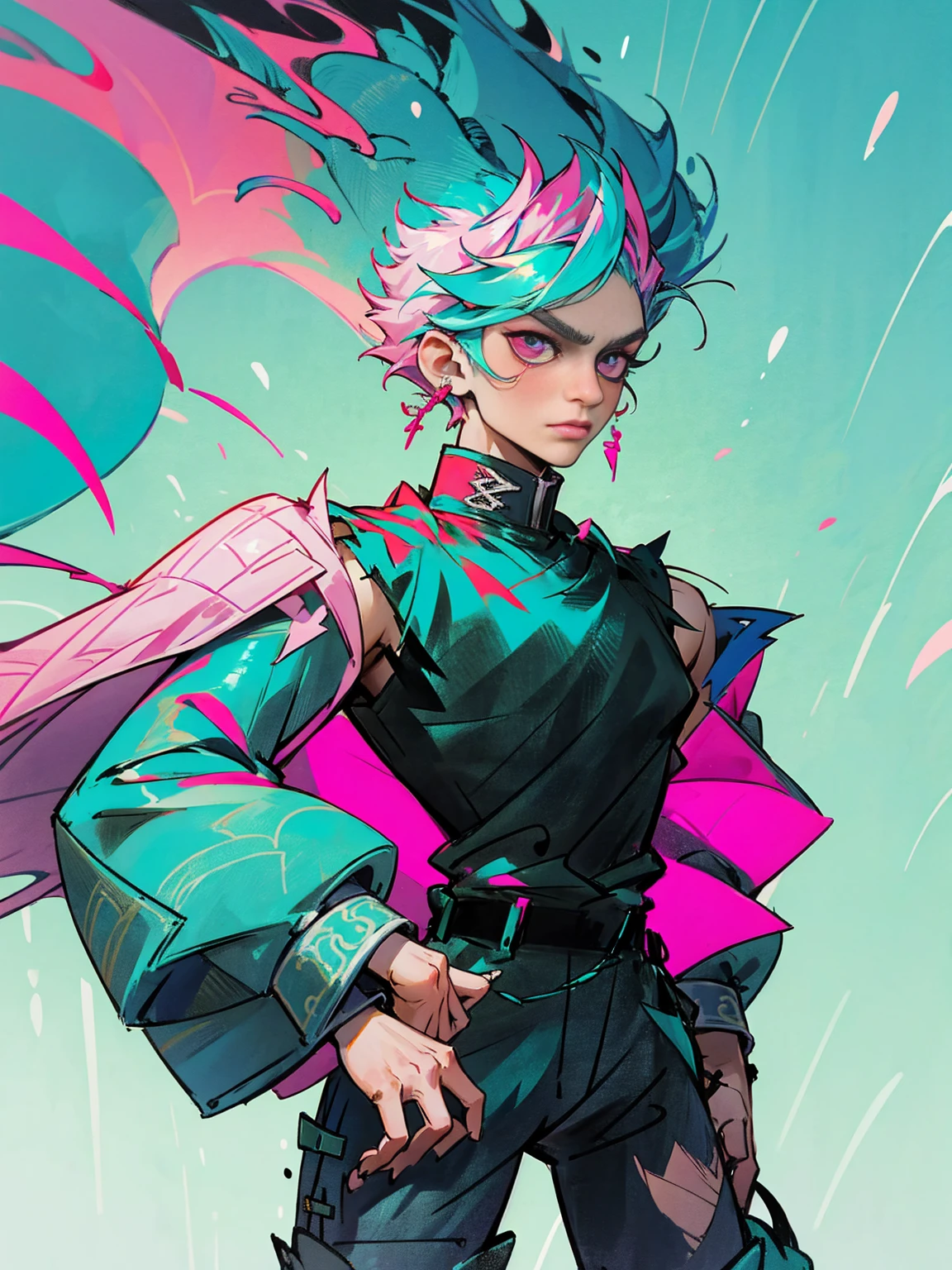 Dragon boy_ white scales with turquoise and pink details_detailed eyes_wearing a stylish coat with abstract details_ ripped black jeans.