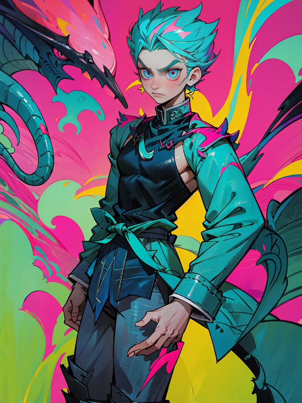 Dragon boy_ white scales with turquoise and pink details_detailed eyes_wearing a stylish coat with abstract details_ ripped black jeans.