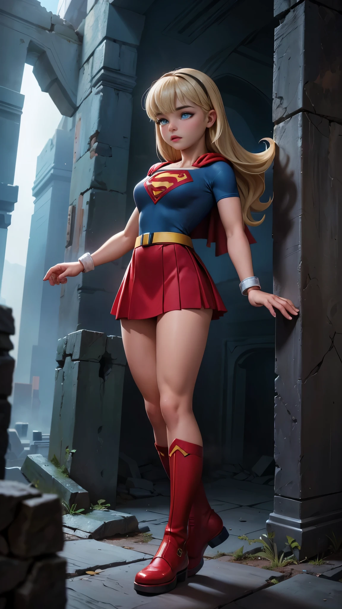 8K, Ultra HD, super details, high quality, high resolution. The heroine Supergirl looks beautiful in a full-length photo, her body is sculptural, her long wavy blonde hair is radiant in a perfect combination with her white skin, her bright blonde eyes mesmerize everyone. She is wearing her heroine outfit, a red skirt with a yellow belt, a very tight blue t-shirt with a big red S on the chest, Elta also wears a red cape and red boots. she looks very sexy drawing attention to her big breasts and thick legs as she flies through the sky.,(Fondo de ruinas de mazmorra en ruinas cyberpunk :1.4 ), (supergils superman :1.4), (vestuario white traje :1.4), (Detalles de la cara: 1.5, ojos azules brillantes, hermoso rostro, ojos bonitos, Contorno del iris, labios delgados: 1.5, Thin, sharp pale eyebrows, Long, dark eyelashes, double tabs),