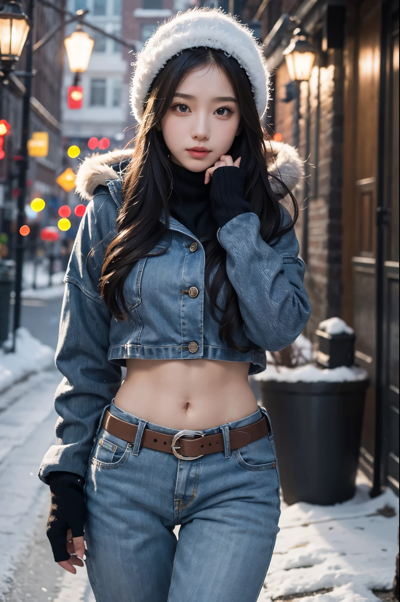 girl in winter scene, Short belly-baring down jacket, Low-rise pants, metal belt, Seven-point lens, The abdomen is completely exposed, Detailed facial features, beautiful eyes, Lips, and long eyelashes, Reality, 8K, Very detailed, Studio Lighting, Dramatic Lighting, Bright colors, Composition, Cold winter atmosphere