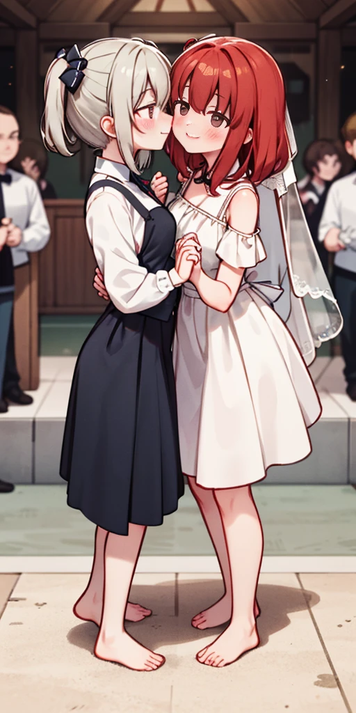 Body position: Standing, straight, symmetrical, barefoot, Lustful smile on face with red blush, 2 girls who gets married and stands in front of many people, kissing